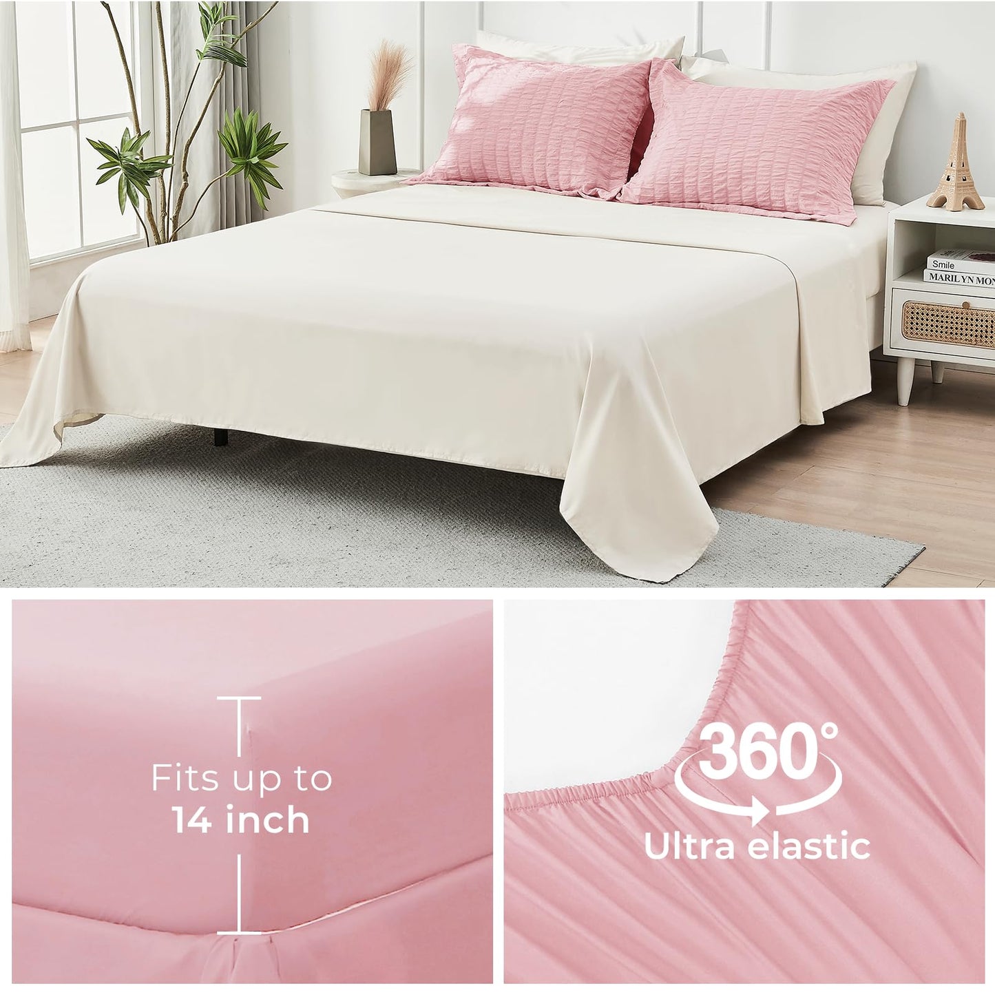 HYMOKEGE Pink/Ivory Twin Comforter Set Seersucker 5 Pieces, All Season Luxury Bed in a Bag for Bedroom, Bedding Set with Comforter, Sheets, Pillowcase & Sham