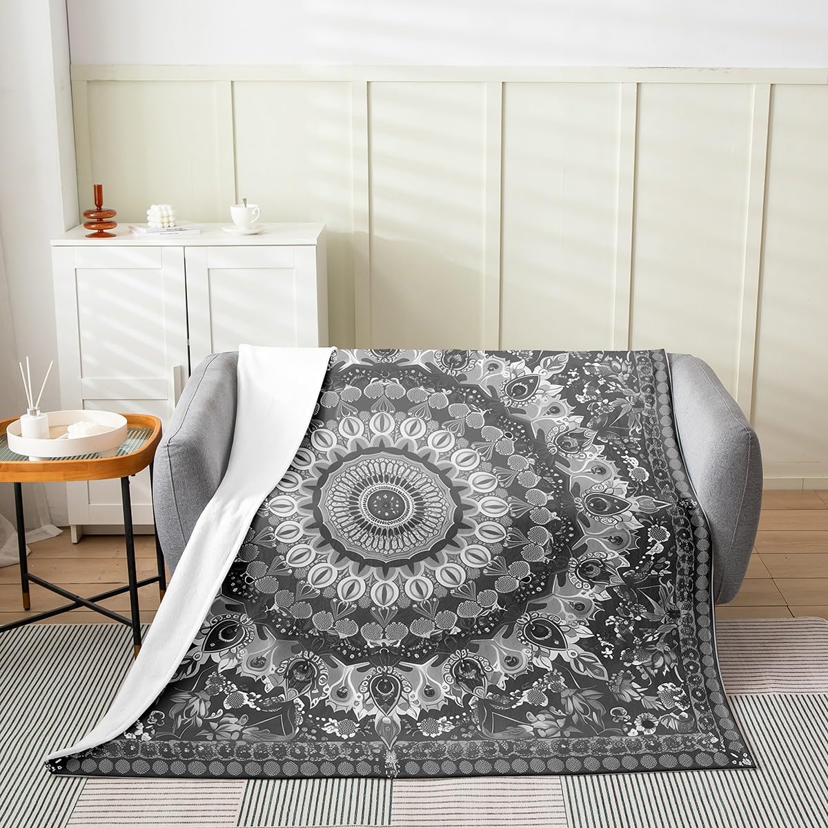 Erosebridal Mandala Flannel Blanket Queen Inch Peacock Feather Fleece Blanket Lotus Flower Leaves Print Hippie Fuzzy Plush Throw Petal Pattern Grey White Retro Living Room Decor