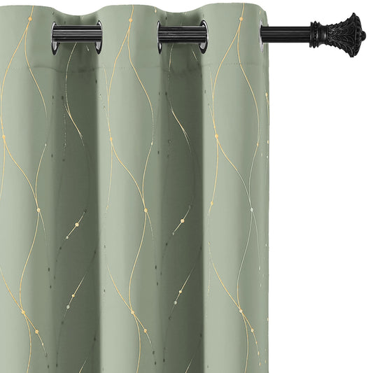 BUHUA Blackout Curtains Gold Foil Print Wave Line and Dots Grommet Drapes, Room Darkening Thermal Insulated Curtains, Noise Reducing Curtain for Bedroom, Sage Green, 52Wx72L, 2 Panels