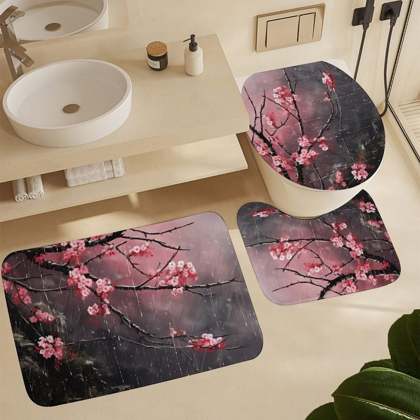 SOPIYRIO 4Pcs Cherry Blossom Pink Floral Shower Curtain Sets with Non-Slip Rugs,Toilet Lid Cover and Bath Mat, Japanese Style Shower Curtain with 12 Hooks,Bath Shower Curtain for Bathroom Decor
