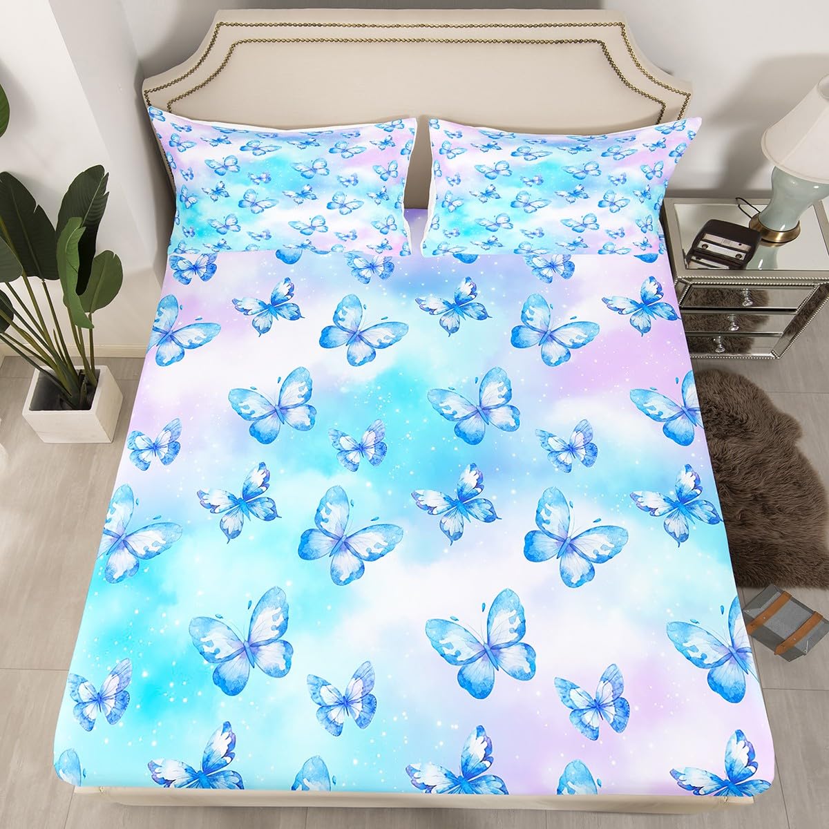 Erosebridal Pink Blue Butterfly Sheet Set Twin Watercolor 3D Printed Bed Sheets Set Purple Colorful Rainbow Sheets for Boys Girls Fantasy Dreamy Princess Flat Fitted Sheet with 1 Pillow Case