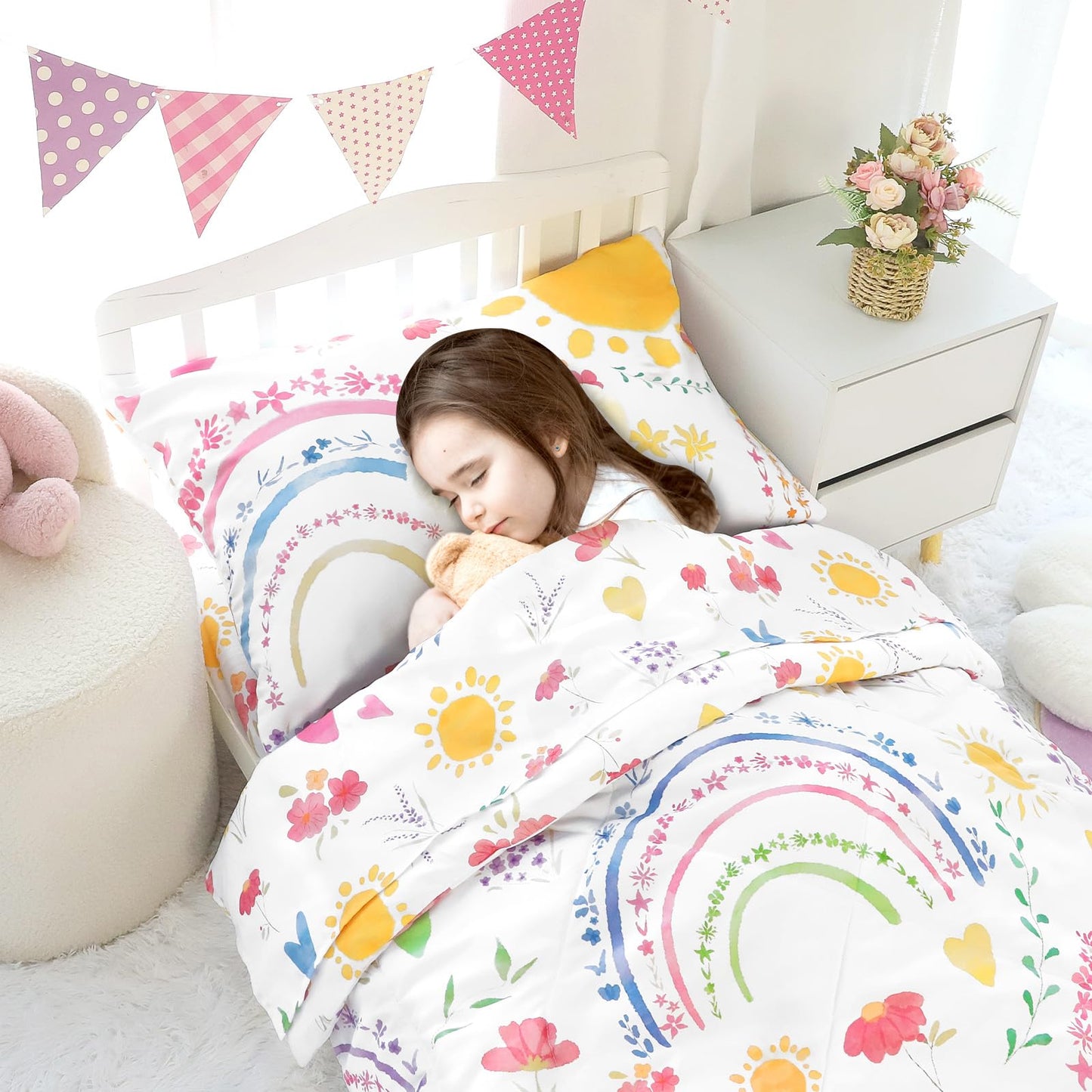 Pea Pod Toddler Bedding Set for Girls, 4 Piece Soft & Breathable Rainbow & Sun Crib Bedding Set, Bed-in-A-Bag Toddler Microfiber Sheet Set, Includes Comforter, Flat Sheet, Fitted Sheet, Pillowcase