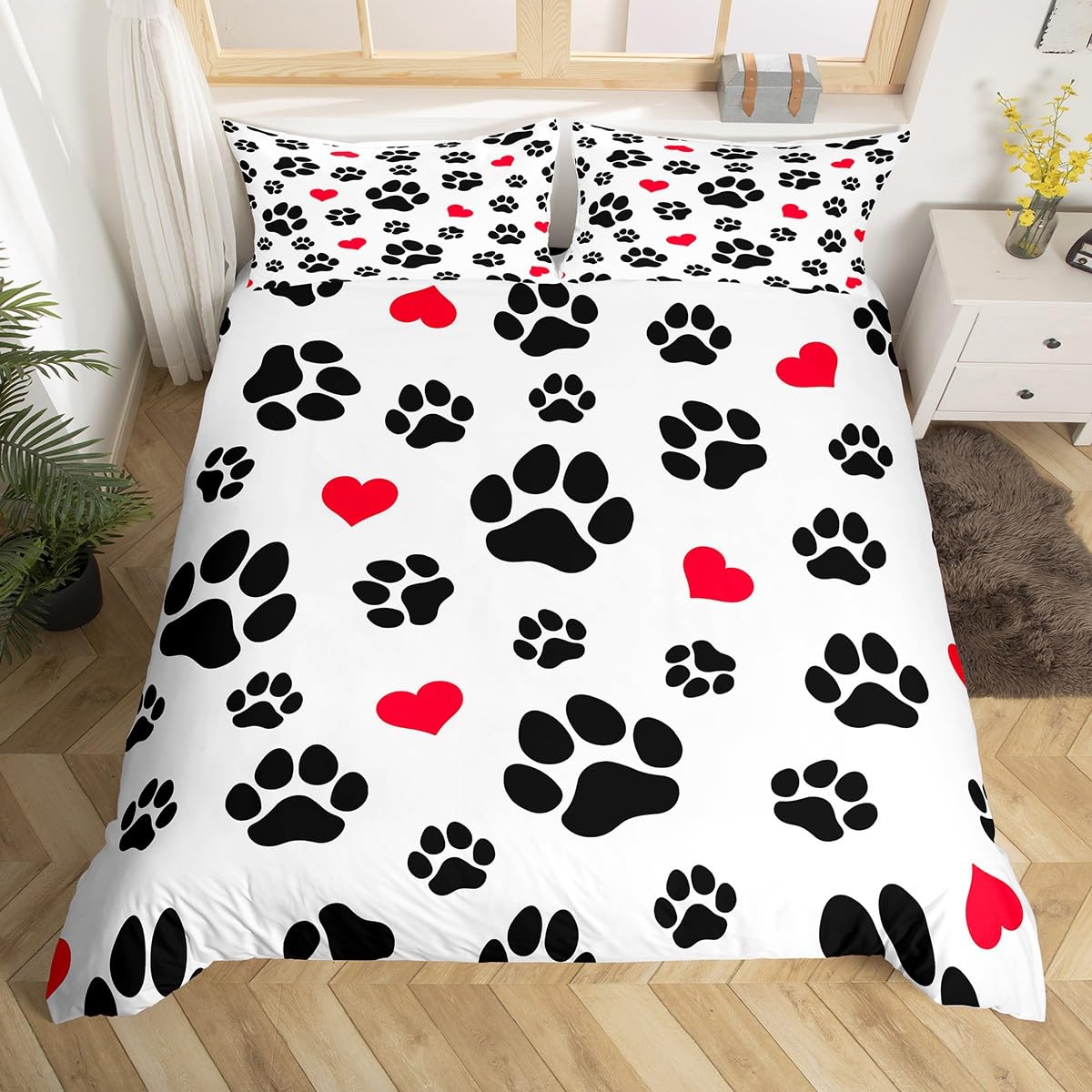 Homewish Black Footprints Duvet Cover Set Dog Paw Cat Paw Heart Love Puppy Feet Print Bedding Set 3pcs Fashion Comforter Cover Microfiber Bedspread Cover with 2 Pillow Cases(No Comforter) Queen Size
