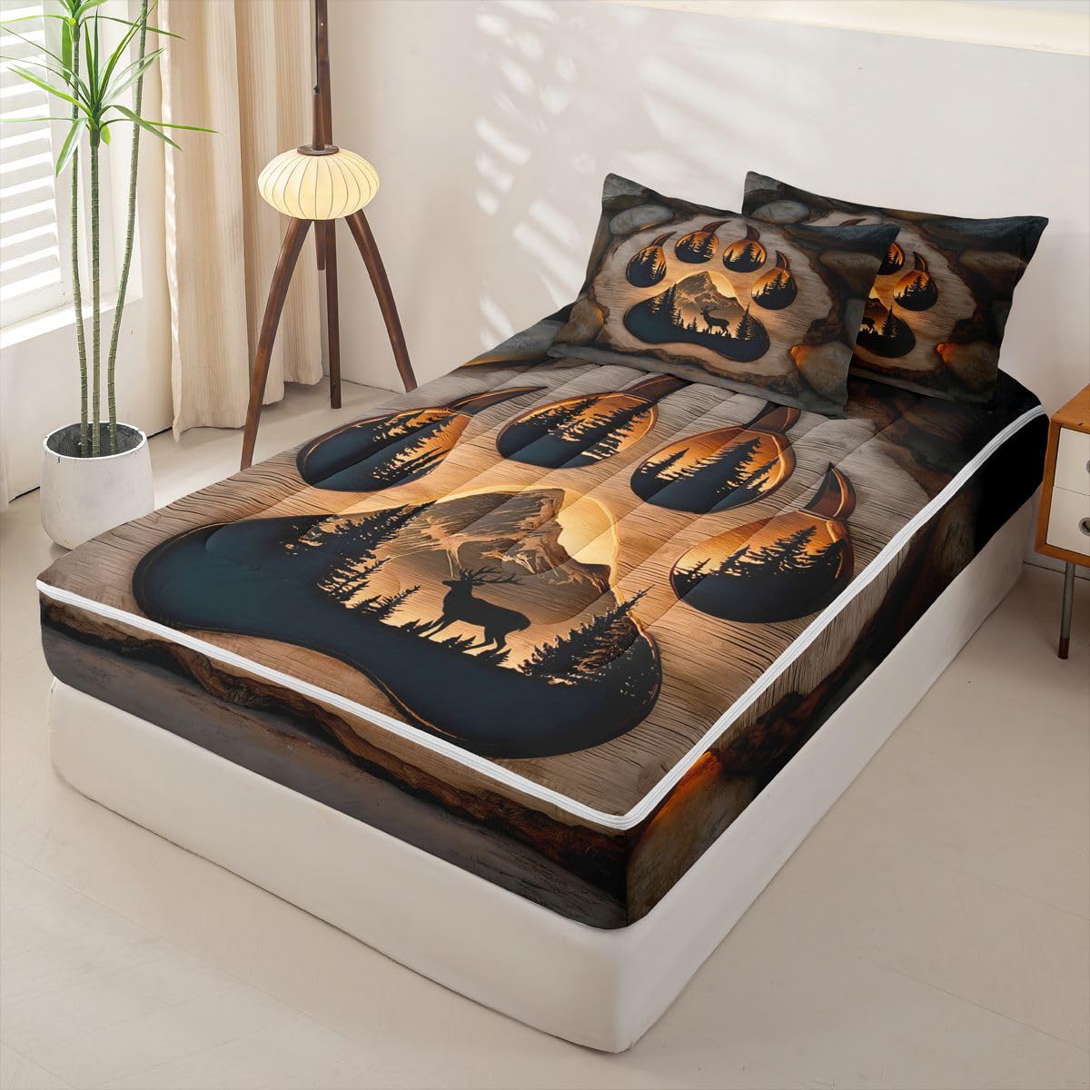 Feelyou Bear Comforter Set Twin Size Zipper Bedding Set for Girls Boys Rustic Cabin Country Comforter with Fitted Sheet, Pillowcases Wild Animal Zipper Bedding Soft Breathable Bed in a Bag