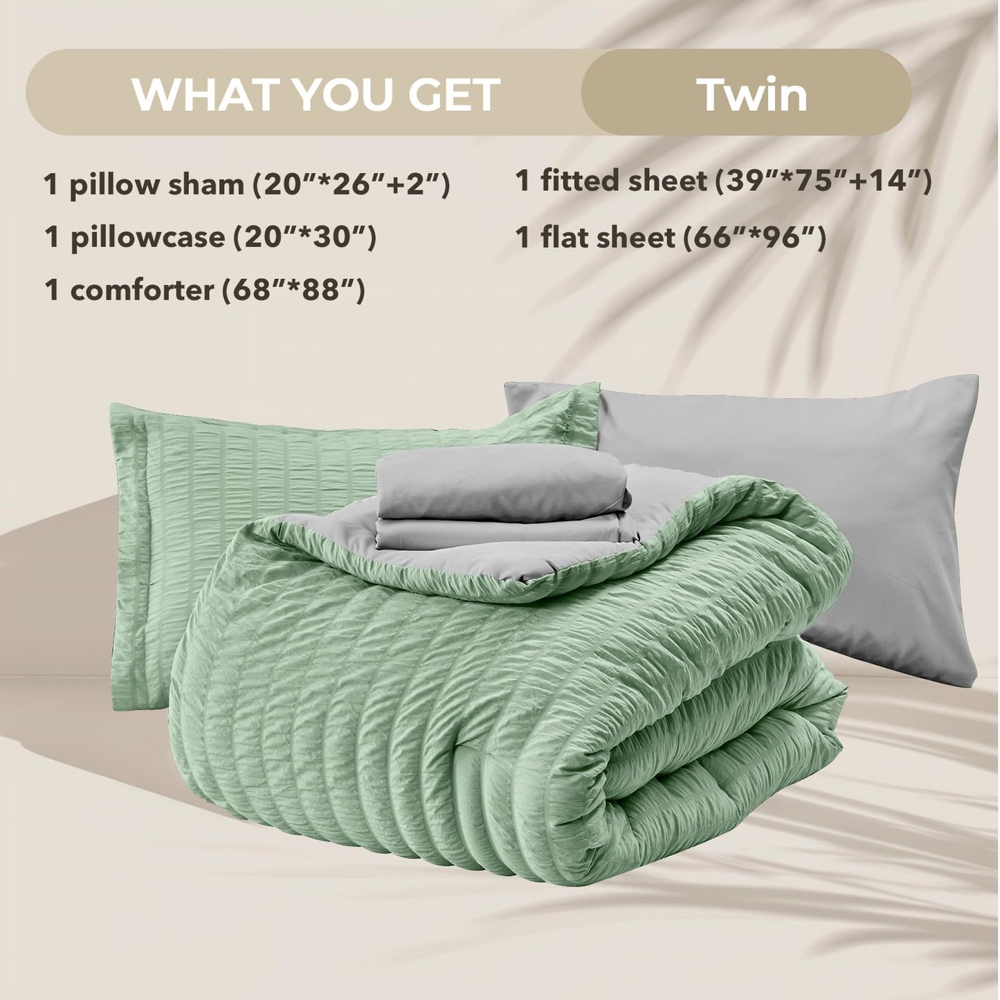 HYMOKEGE Sage Green/Light Grey Twin Comforter Set Seersucker 5 Pieces, All Season Luxury Bed in a Bag for Bedroom, Bedding Set with Comforter, Sheets, Pillowcase & Sham