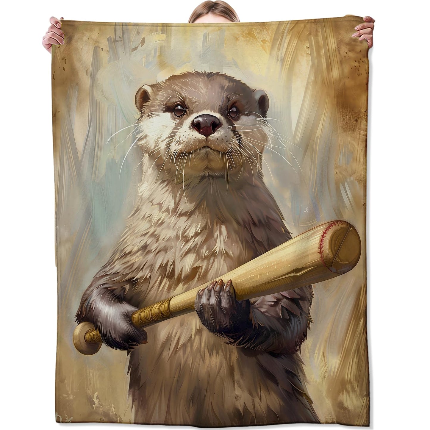 Zeleda Otter Blanket,Gifts for Humor Lovers,Lightweight Flannel Throw Blankets,Cartoon Animal with Baseball Bat Throws Home Decor,for Couch Living Room Office,60x50inch
