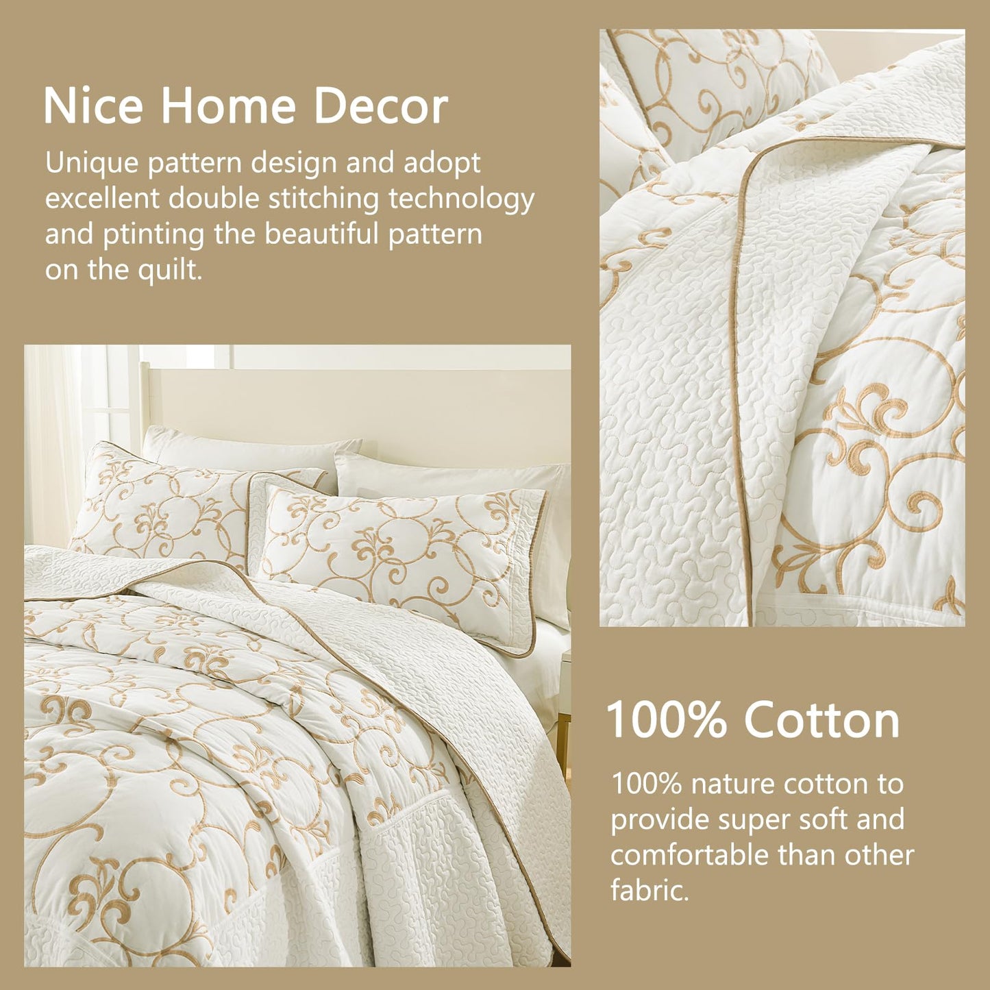 Finlonte Oversized King Bedspread 120"x120" - 100% Cotton Vine Embroidery Cal King Quilted Bedspread, Off-White(Ivory) Bedspread Coverlet Golden Vine, Lightweight Extra Large Quilt with 2 Pillowshams