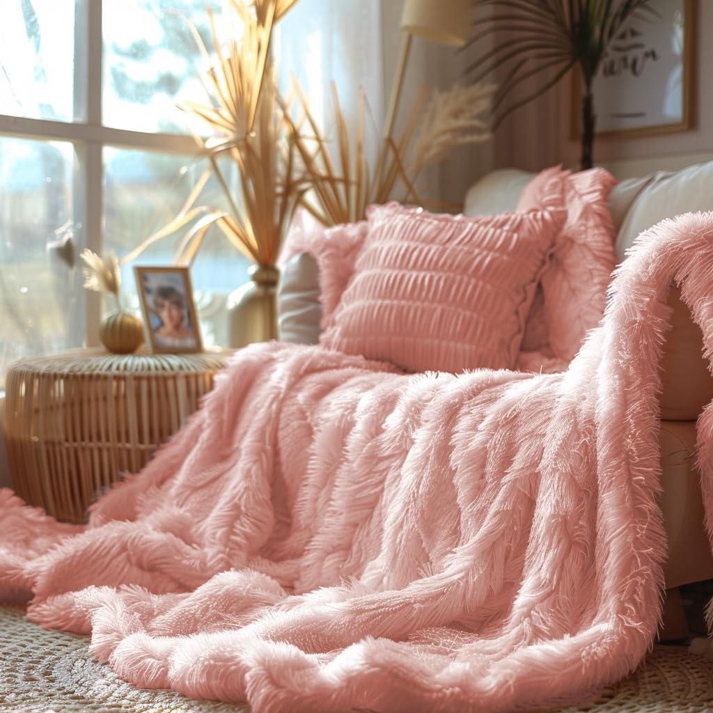 Hyde Lane Blush Pink Throw Blanket for Couch Sofa, Reversible Ultra Soft Faux Fur Fluffy Fuzzy Throw Blankets - 60x80 Rose Gold