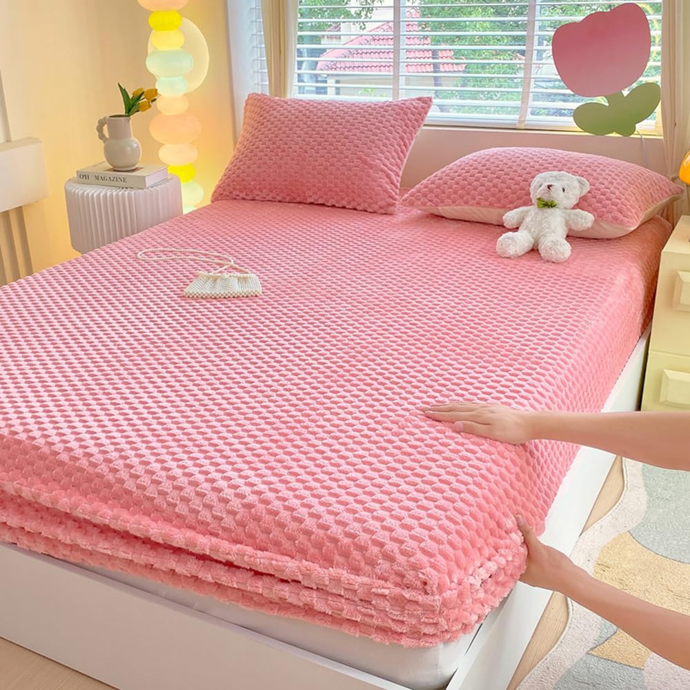 ZIQINPSQ Cozy Fleece Fitted Sheet Full Size - Ultra Soft Fuzzy Bed Sheets for Winter, Deep Pocket 15'' Velvet Plush Bottom Sheet Only (Anti-Static & Warm), Orange Pink