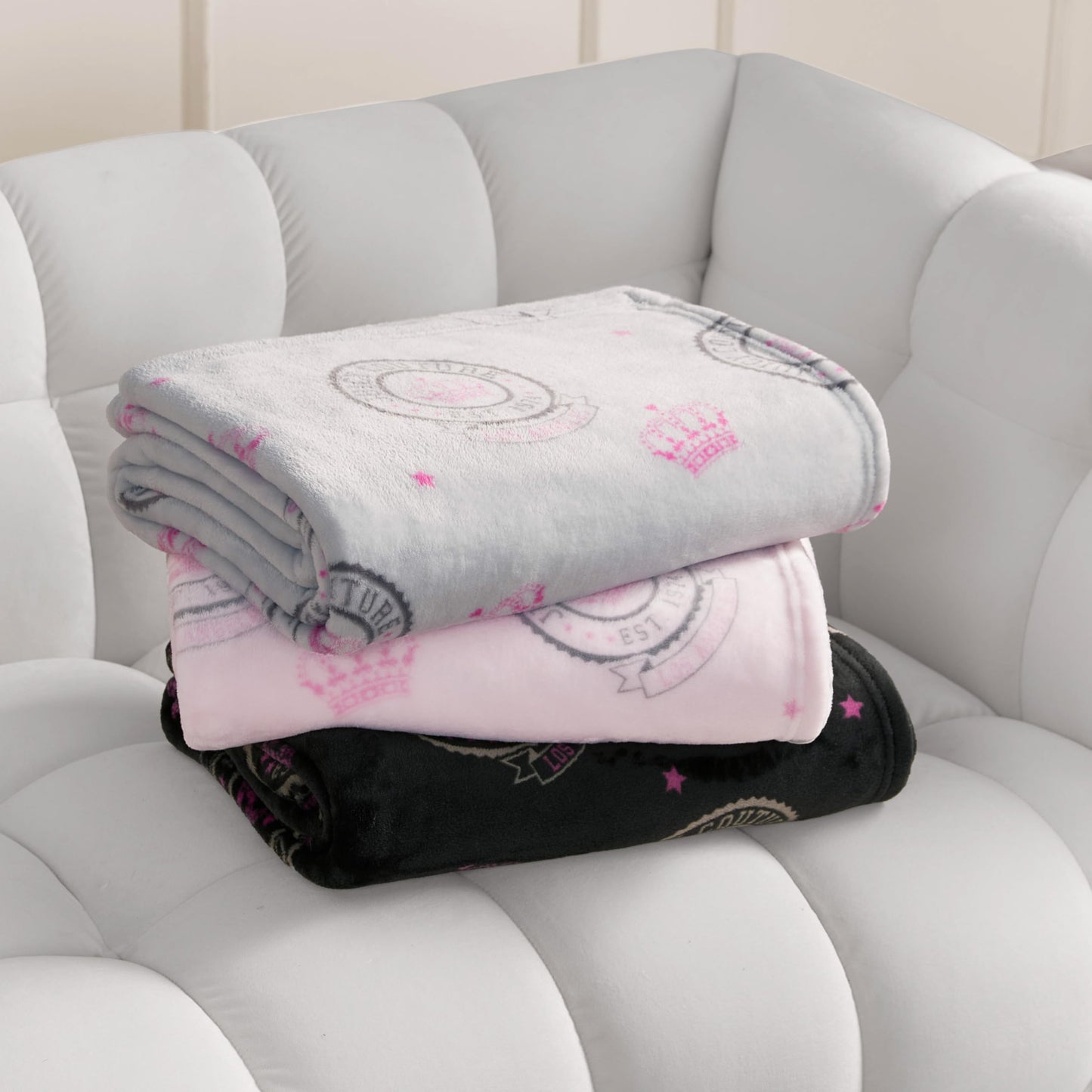 Juicy Couture - Throw Blanket, Juicy Emblem, Plush and Cozy, Decorative Blankets for Sofas, Chairs and Beds, Luxurious and Soft, Chic Home Decor, Measures 50" x 70", Emblem Black