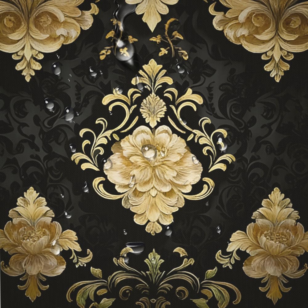 NBVKO 4Pcs Luxury Damascus Gold Flower Shower Curtain Set with 12 Hooks Non-Slip Rugs,Toilet Lid Cover and Bath Mat,Dark Gold Bathroom Decor for Hotel & Home Bathroom