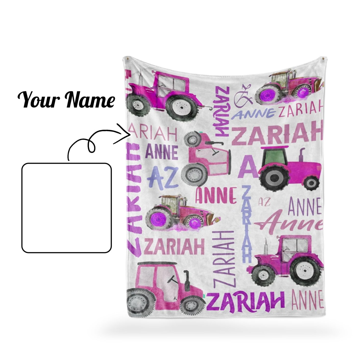 Personalized Tractors Blanket - Custom Name with Farm Tractor Trucks Design - Soft Plush Flannel Bed Blanket for Baby Kid Teen Boys Girls Customized Gifts White & Purple