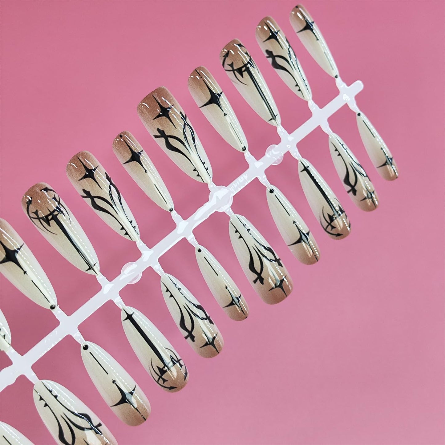 Goth Press on Nails Long Almond Shape Fake Nails with Black Star Designs Gothic Glue on Nail Reusable Artificial Acrylic Gradient Full Cover Glossy Stick on False Nail for Women 30 Pcs