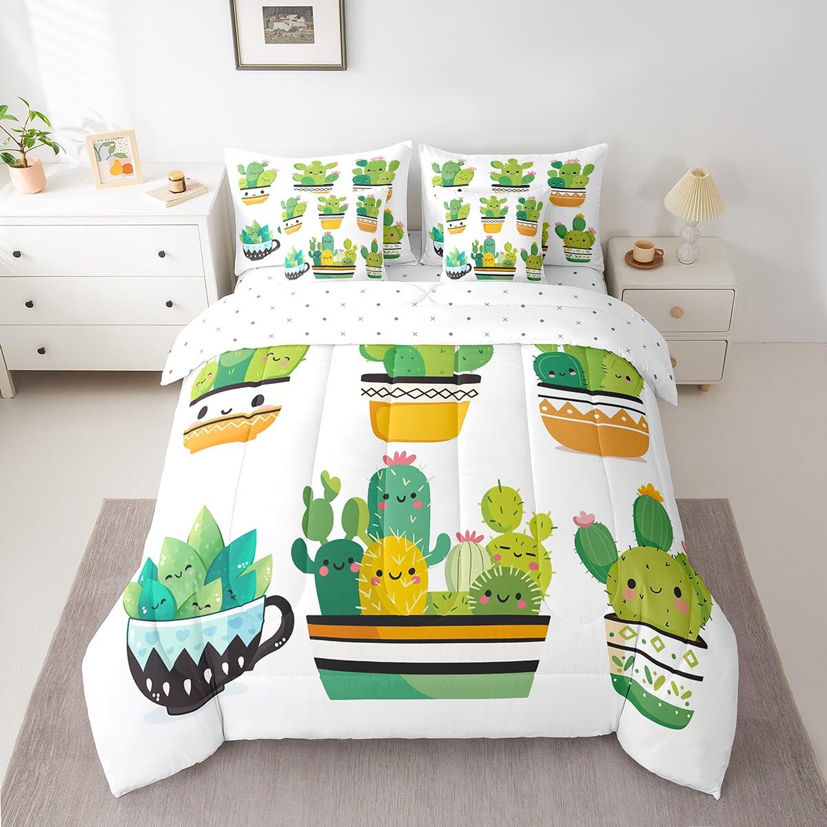 Erosebridal Tropical 7 Piece Comforter Set Full Bed in a Bag,Bulbous Cactus Bedding Sets Cute Desert Plants Botanical Comforter and Sheet Set,Floral Jungle Kawaii Room Decor