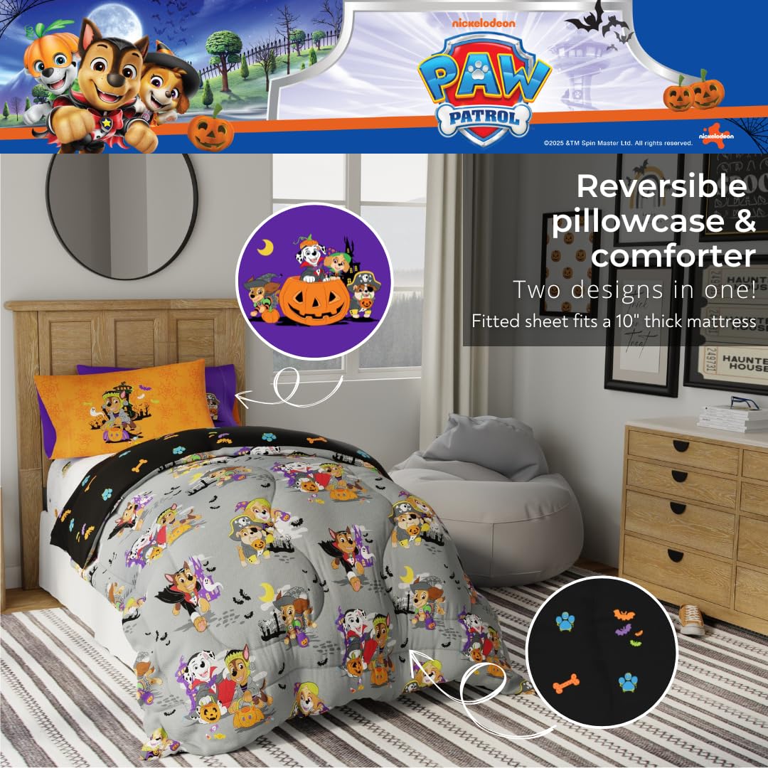 Paw Patrol Kids Halloween Bedding 5 Piece Super Soft Cozy Reversible Comforter and Sheet Set with Sham, Twin, (Officially Licensed Product) By Franco