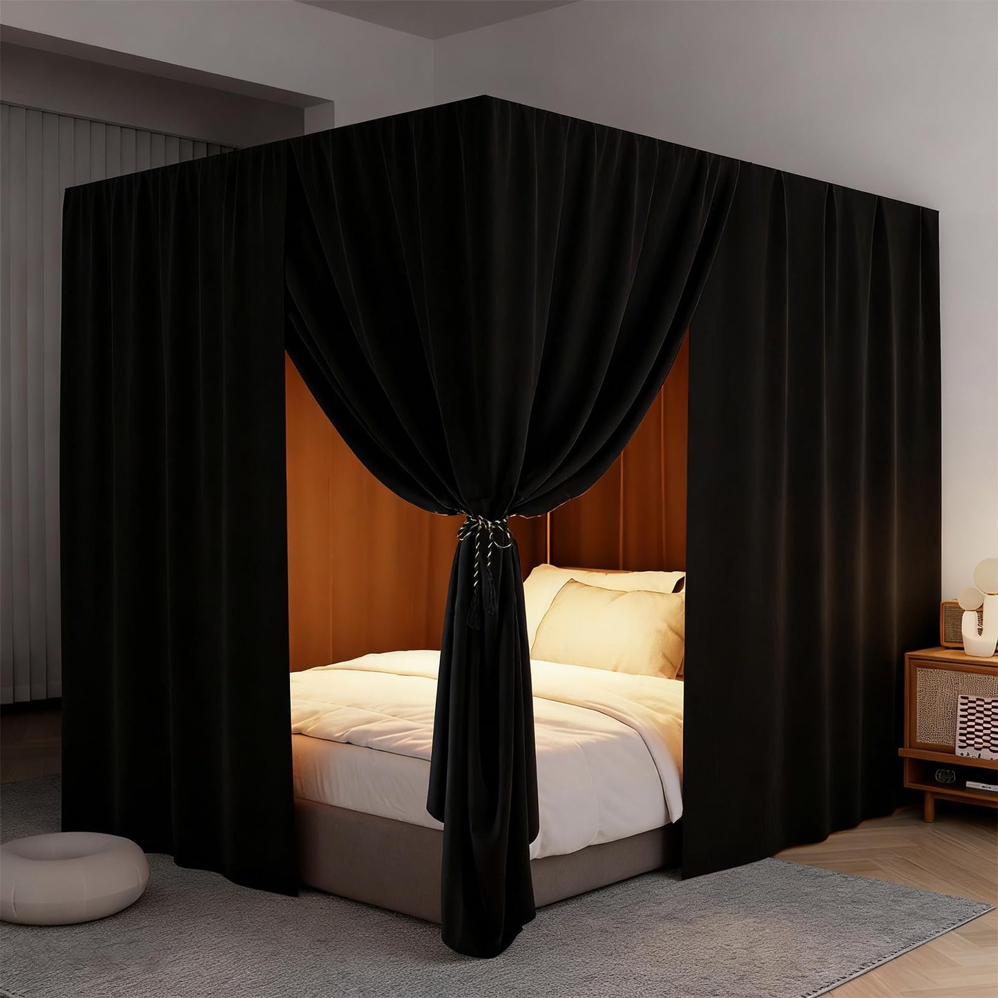 YRDKB Black Canopy Bed Curtains - 4 Corner Post Bed Curtains King Lightproof Siamesed Drapes Bed Canopy for Adults & Girls Bedroom Decoration(Black,King)
