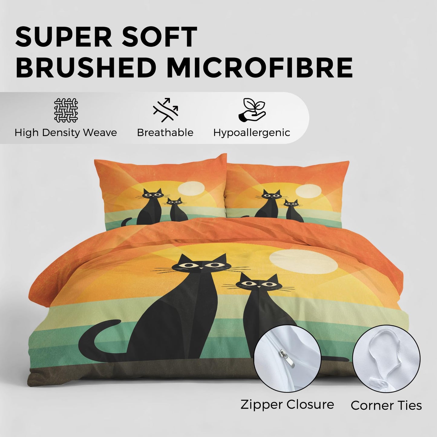 Mid Century Cat Duvet Cover Twin Size, Abstract Boho Sun Kitten Bedding Set 2 pcs with 1 Pillow Cover, Mid Century Modern Bedroom Decor, Soft Microfiber Reversible, Zipper & Ties KJJT 15