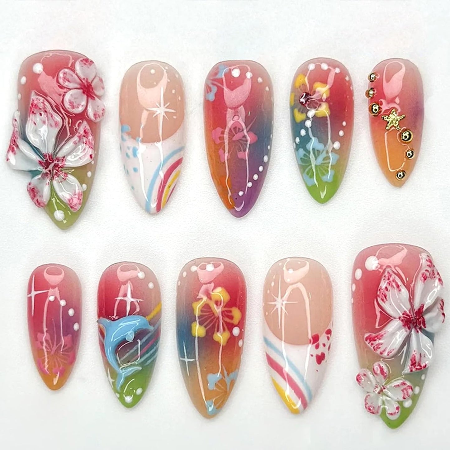 Medium Almond Press on Nails, 3D Flower Gradient Fake Nails with Dolphin, Rhinestones & Star Design,Glossy Full Cover Glue on Nails for Women, Colorful Spring-Summer Floral False Nails with Glue Tabs