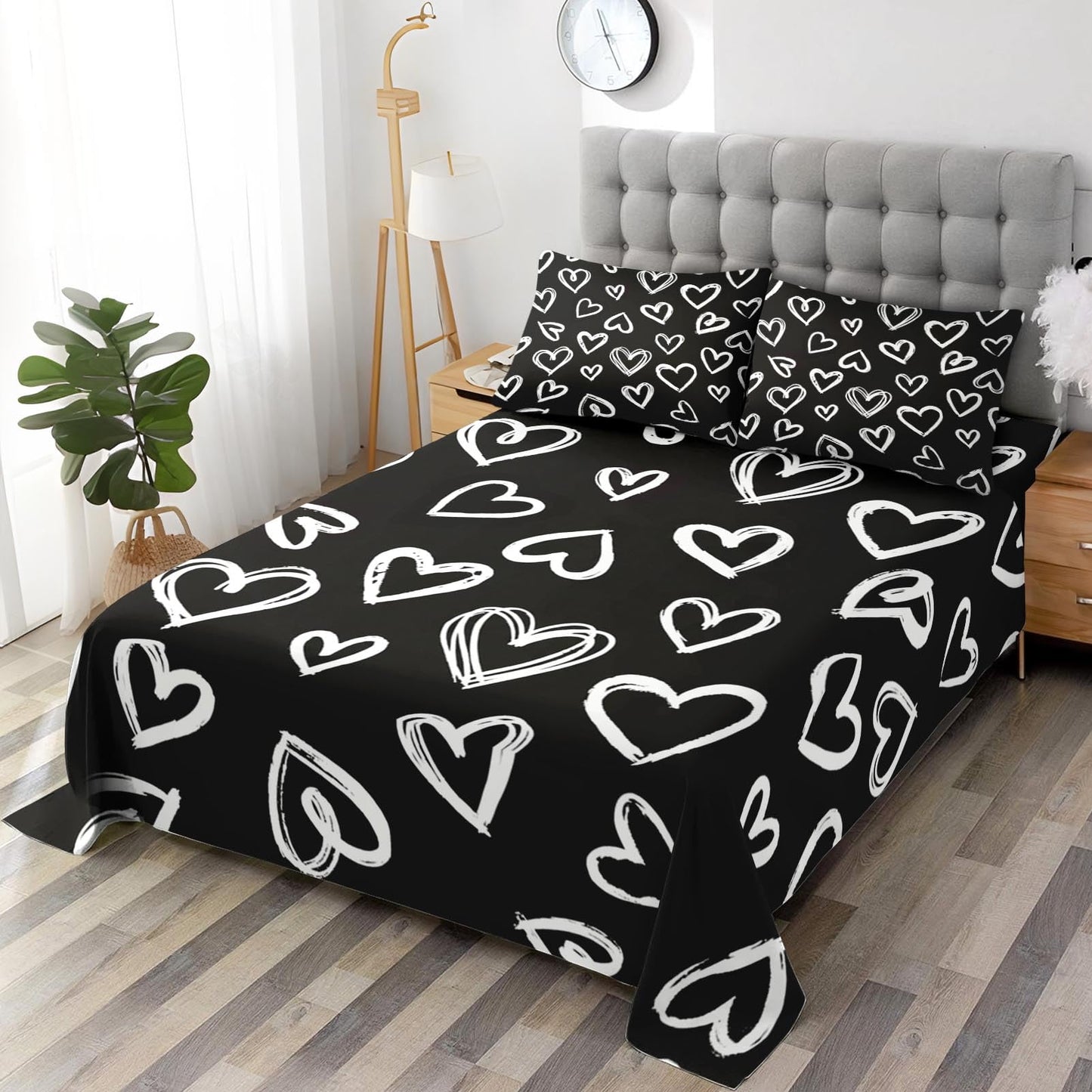 Pamnest Twin Size Bed Sheet Sets, Love Cute Soft Microfiber 3 Pcs Bedding Sets for Kids and Adults Bedroom Bed Decor, Heart White Flat, Fitted Sheet and Pillowcases