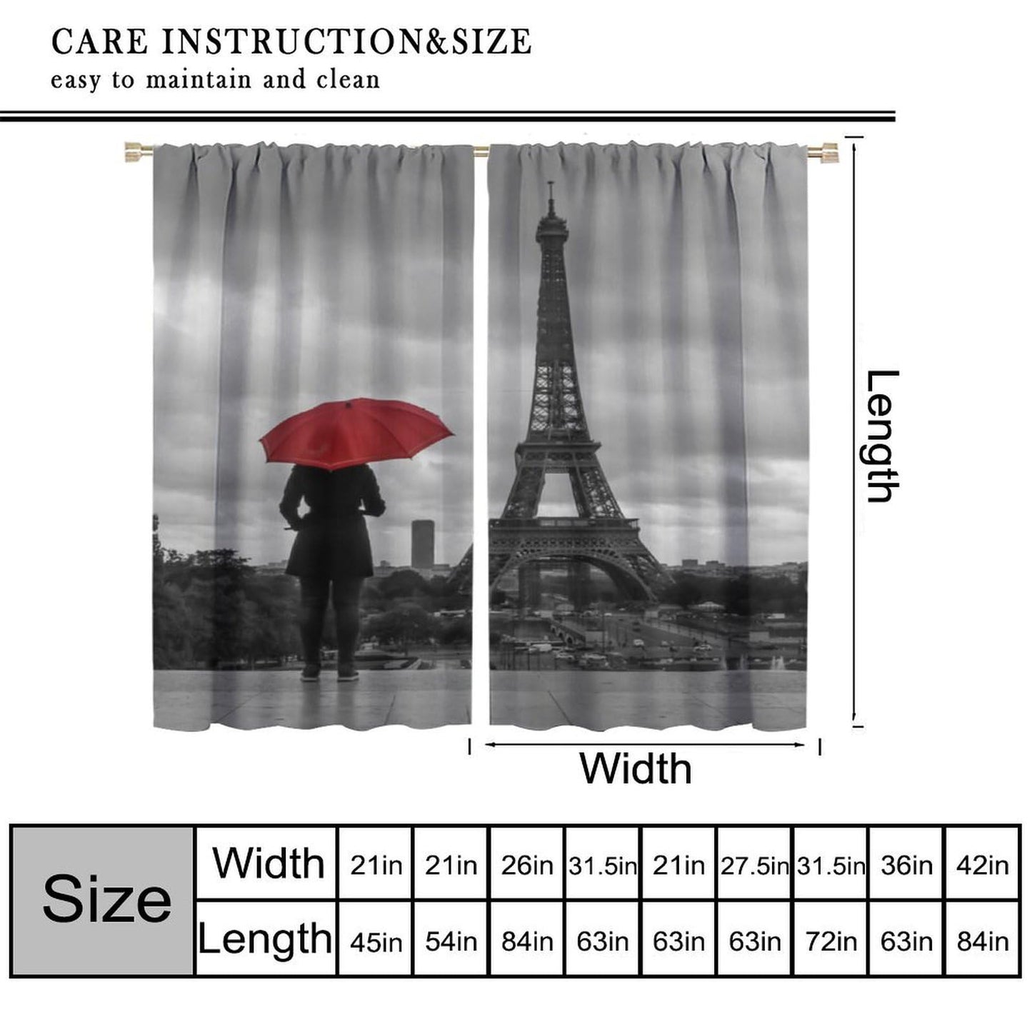 ACOOLTD Paris Eiffel Tower Window Curtains Black Red Umbrella White Style Rod Pocket Blackout Treatments for Living Room Bedroom Home Decor Window Drapes 2 Panels 42" W X 45" L