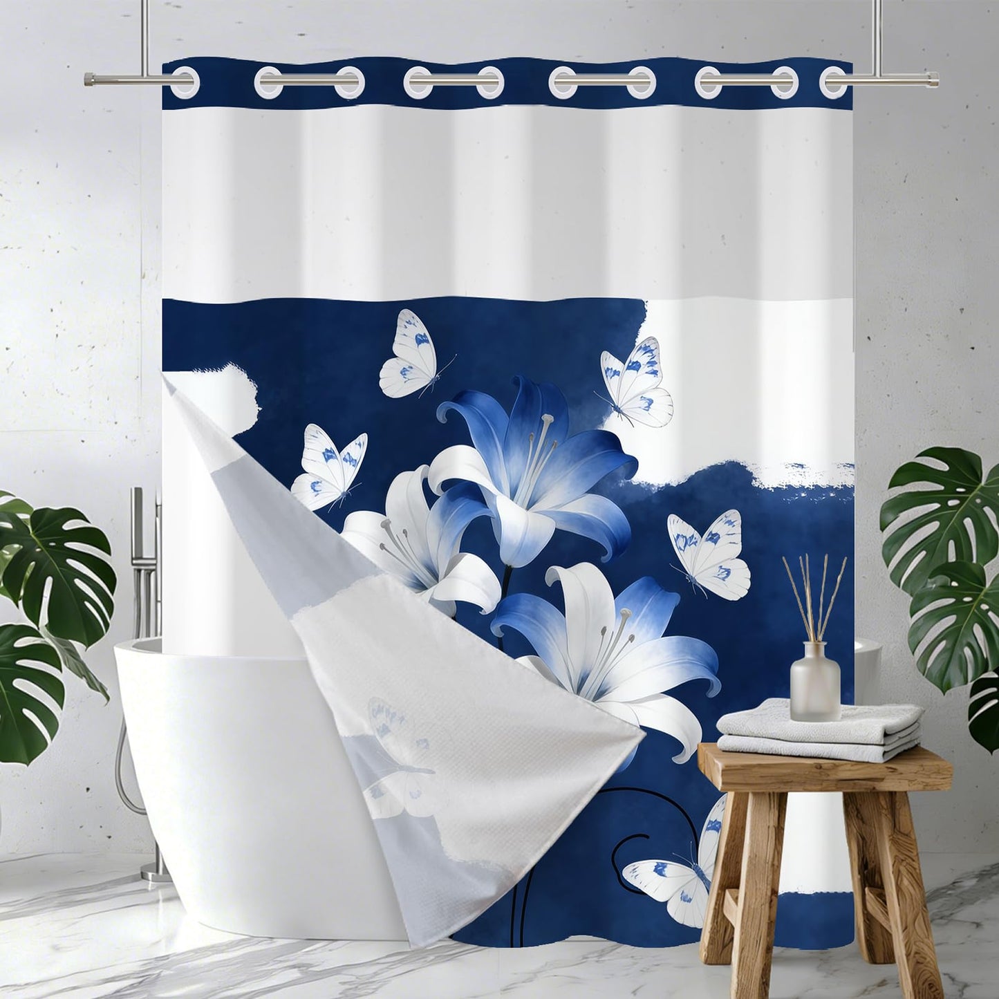 Xiazhilaio No Hook Modern Shower Curtain and Liner Set 71 x 74 Inch