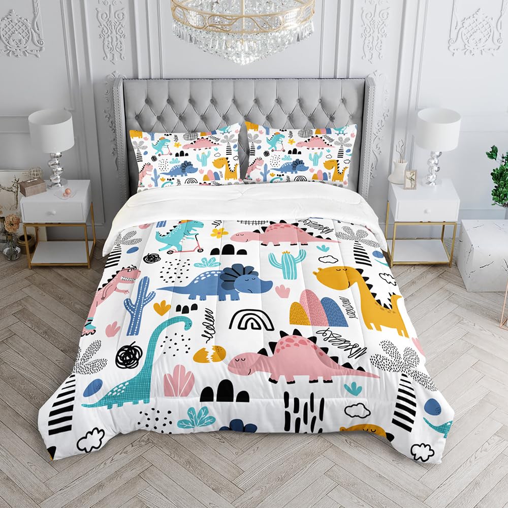 XYNHML Cartoon Dinosaur Rainbow Comforter Set Twin 3Pc Kawaii Dinosaur Bedding Set All Season with Cactus, Coconut Tree Decoration Includes 1 Comforter, 2 Pillowcases for Kids Girls Teens
