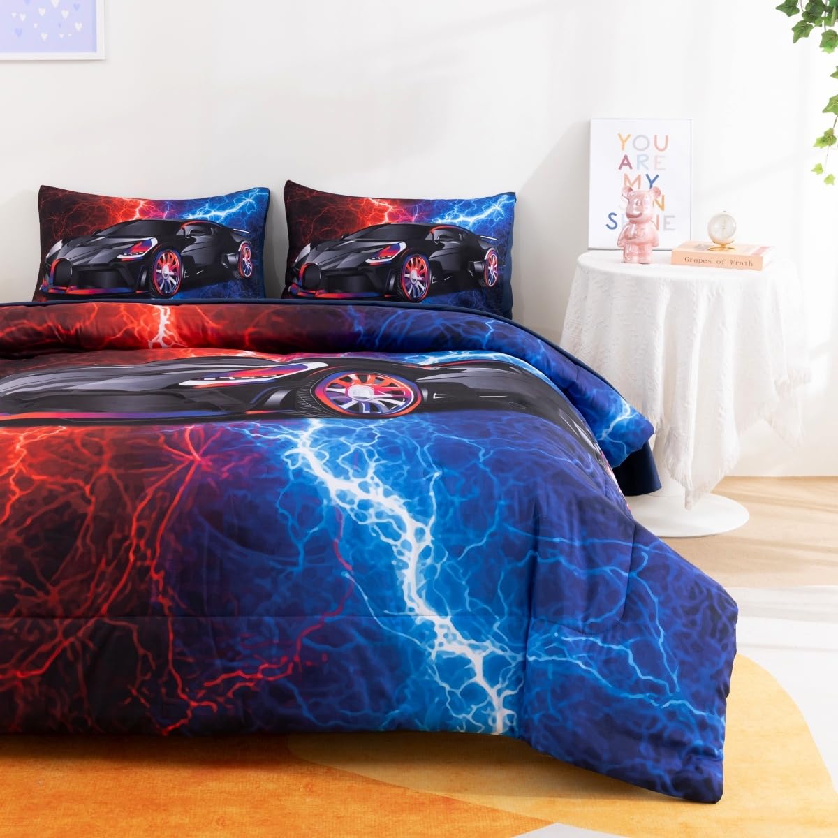 Podol 5 Pieces Race Car Comforter Set Full Size Red and Blue Sports Car Bedding Sets for Boy Tie Dye Lightnings Bed in a Bag with 1 Comforter, 2 Pillowcases, 1 Flat Sheet and 1 Fitted Sheet