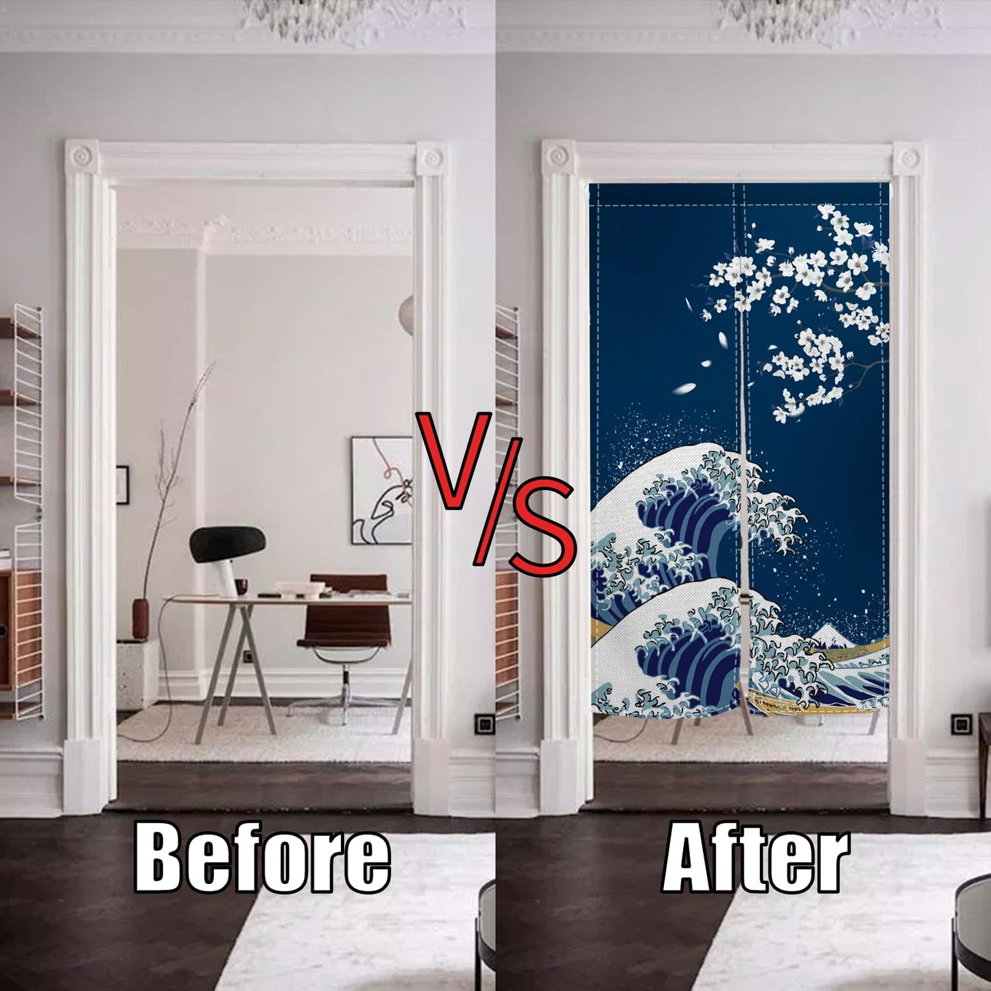 Leowefowa Japanese Noren Doorway Curtain Long Style Japanese Waves Cherry Blossom Printed Fengshui Window Treatment Door Curtain Tapestry for Room Privacy Divider Home Kitchen Decor, 33.5"x 70.9"