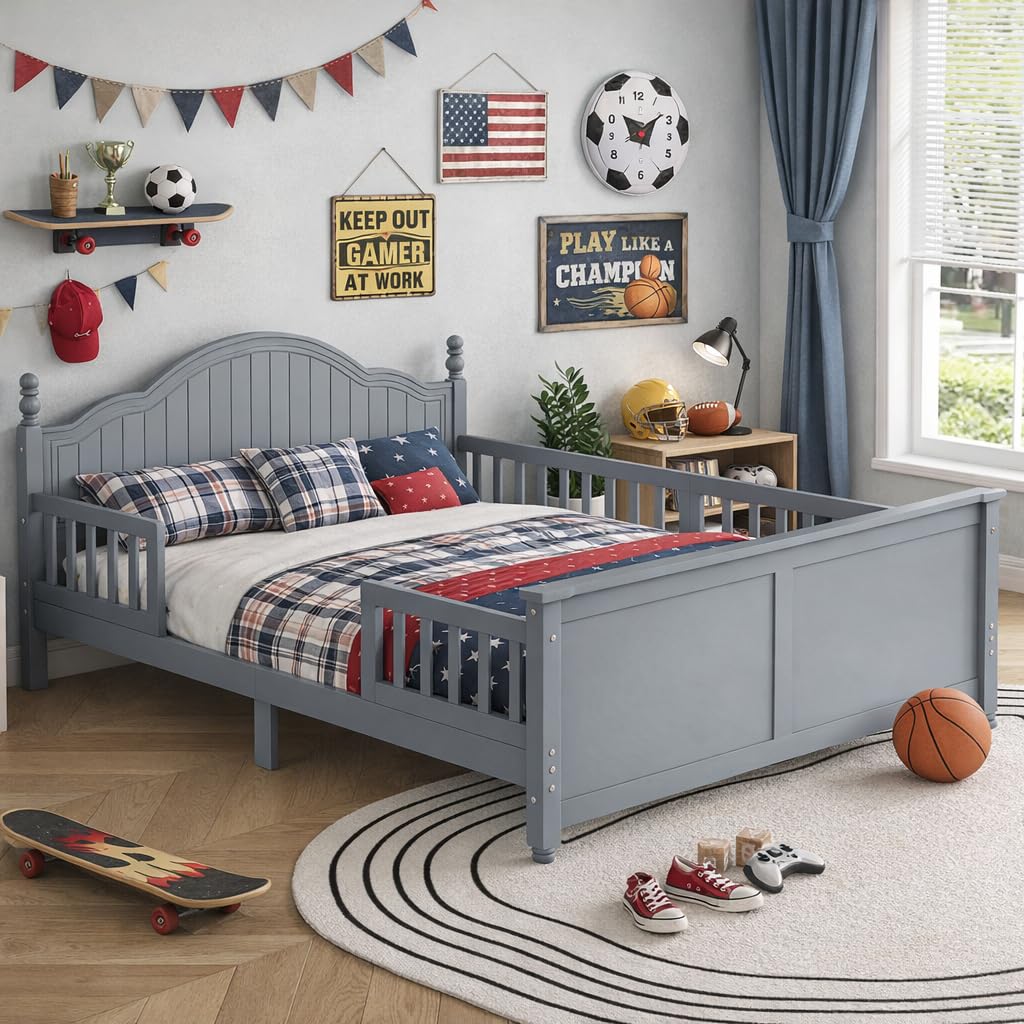 OYUMOENTS Full Size Bed Frame Kids, Low Profile Kids Full Size Bed Frame with Headboard and Footboard, Wood Platform Beds with Rails for Boys & Gilrs, No Spring Box Required, No Squeaks, Gray
