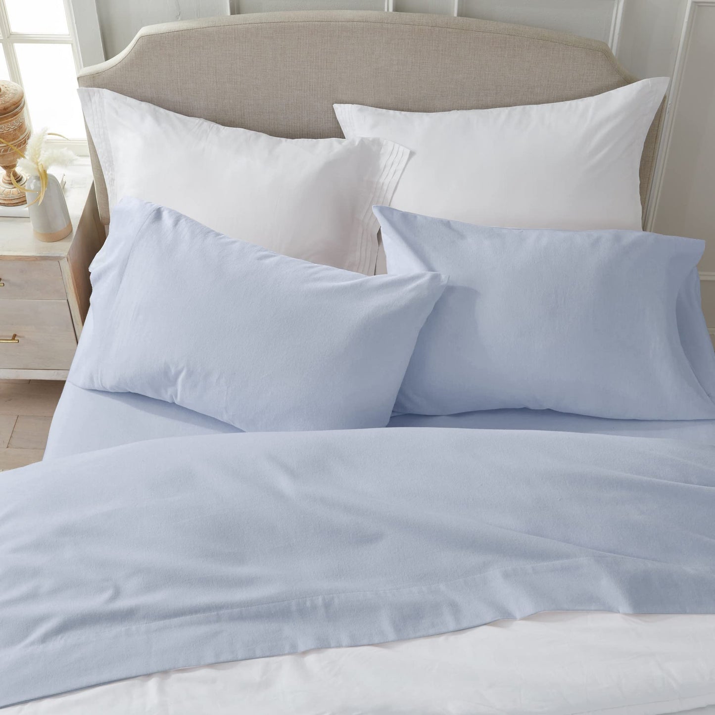 Market & Place 100% Turkish Cotton Flannel Sheet Set | 4 Piece Deep Pocket Solid Cozy Winter Bed Sheets | Double Brushed for Extra Softness & Comfort | Chalet Collection (Queen, Light Blue)