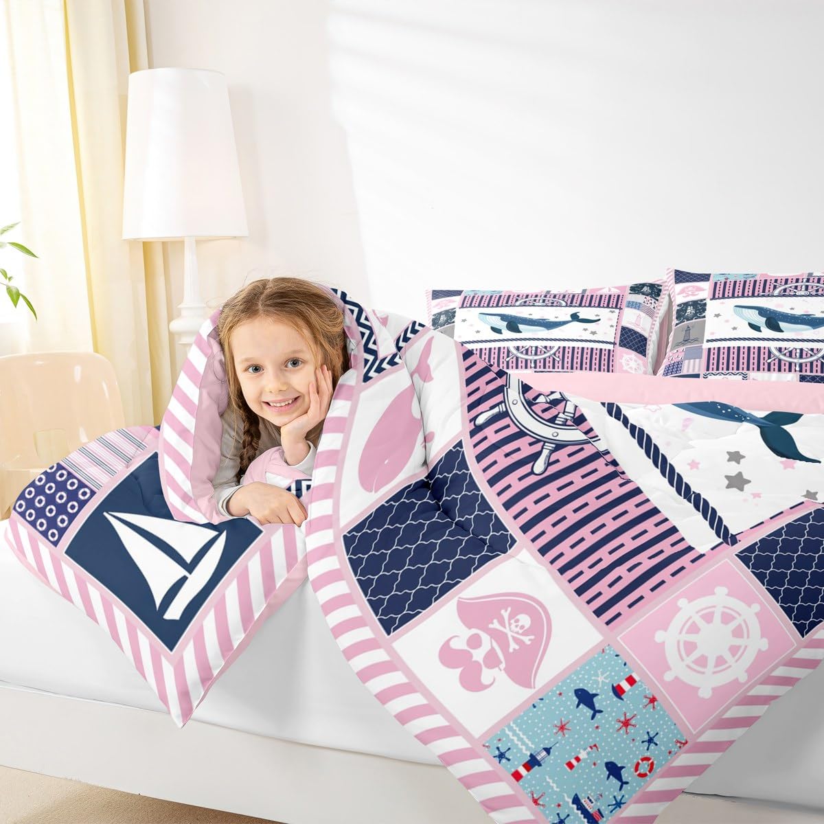 Homewish Nautical Comforter Set Queen Size,Whale Stars Anchor Lighthouse Bedding Set for Women Adult,Pink Grid Stripes Geometric Luxury Bed Duvet Insert, 2 Pillowcases