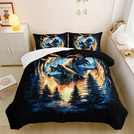 lneffble Moon Wolf Comforter Set Twin for Teen Boys Girls,Howling Wolves Comforter Forest Eagle Bed Set,Wild Animals Bedding Set for Kids Bedroom Decor,All Seasons