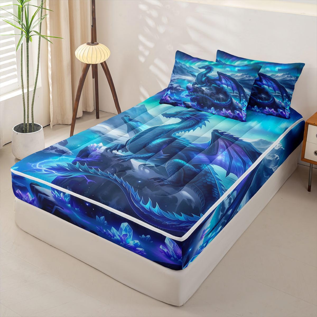 jejeloiu Flying Dragon Comforter Set Twin Fantasy Animal Zipper Bedding Set for Kids Boys Girls Outer Space Galaxy Bed in a Bag Aesthetic Aurora Microfiber with 2 Pillow Cases