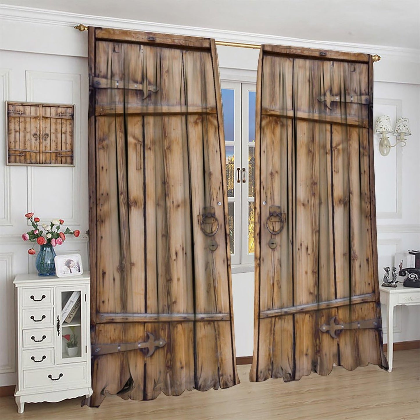 SXXLDNG Retro Rustic Barn Door Curtains,Western Country Farmhouse Old Wooden Door Window Treatments for Bedroom Living Room Kitchen Window Drapes 2 Panels Set,Total Size 42" x 45"