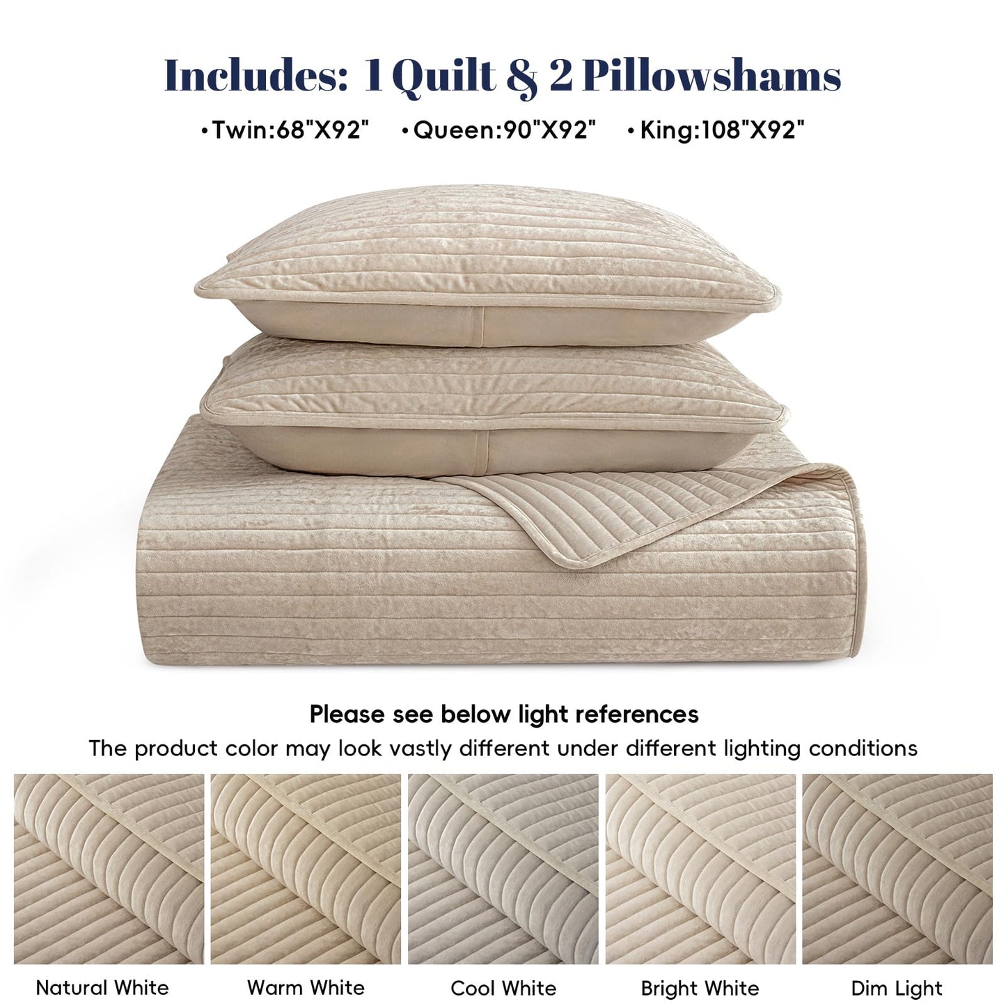 PHF Luxury Velvet Quilt Set Queen Size – 3PCS Ultra Soft Quilted Comforter Alternative with Striped Channel, Cozy Quilted Bedspread, 1 Coverlet with 2 Matching Shams, 90" x 92", Oxford Tan
