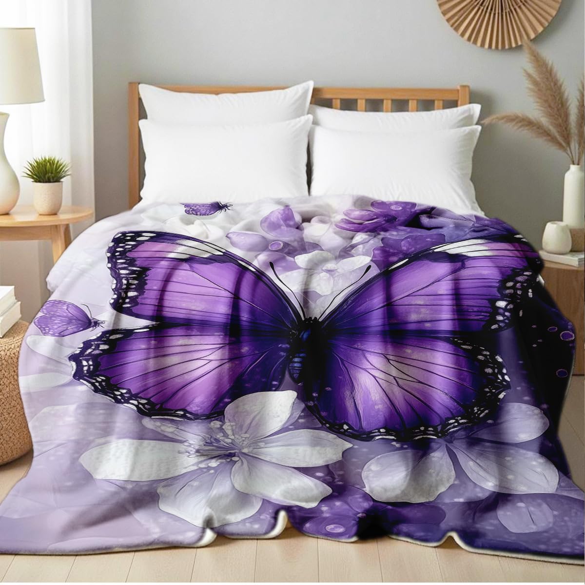 HUNXIAOJ Printed Bed Blanket Purple Butterfly Throws Soft Flannel Blanket Butterfly Gifts for Adults Kids Couch Butterflies Decor for Sofa Bed Office (49"x59")