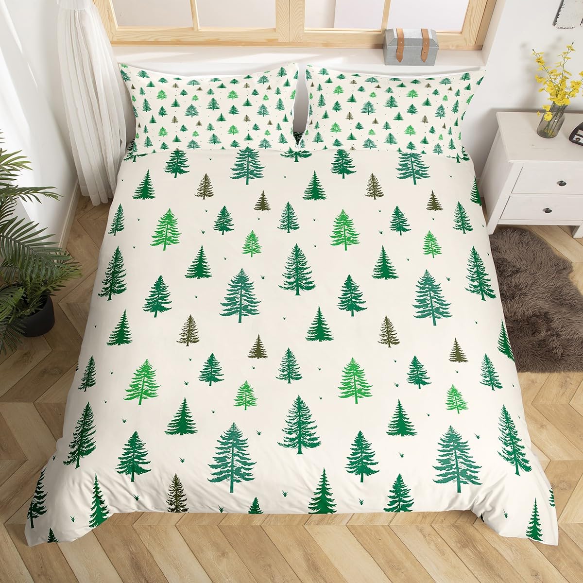 Castle Fairy Christmas Tree Duvet Cover Sets Twin Size,Green Pine Bedding Set 2pcs for Kids Teens Girls Boys Room Decor,Nature Plants Comforter Cover Soft Microfiber Quilt Cover with 1 Pillowcase