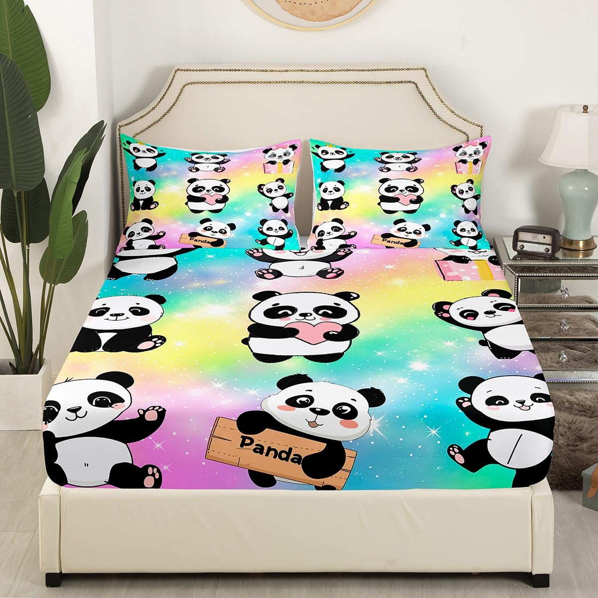Erosebridal Girls Rainbow Sheets Kids Panda Bed Sheets Sparkle Stars Queen Sheet Set Pastel Glitter Top Sheet Super Cozy Lightweight Sheet & Pillowcase Sets 4 Piece with 2 Pillow Sham