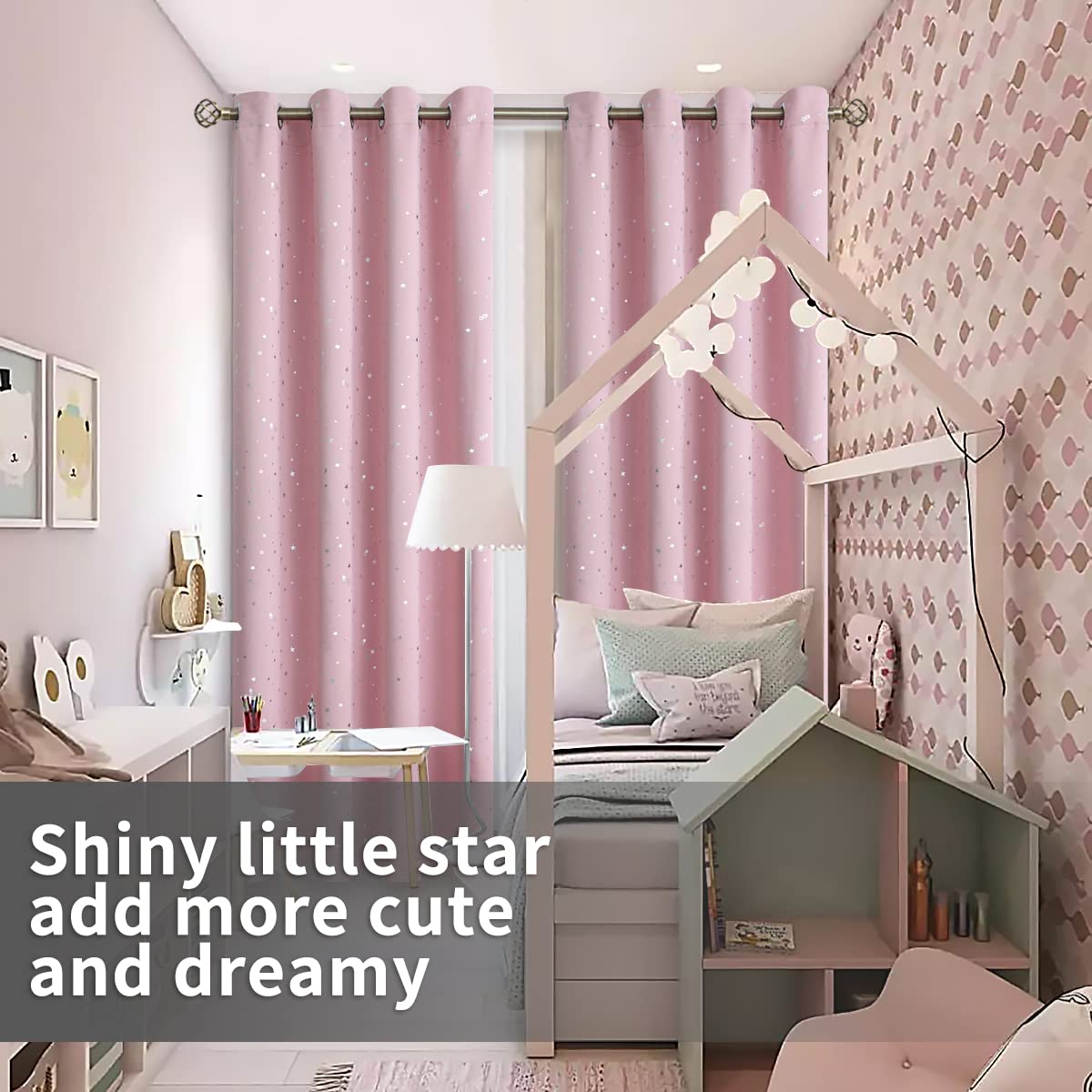 BGment Kids Blackout Curtains for Bedroom - Grommet Thermal Insulated Silver Star Print Room Darkening Curtains for Kids Room, Set of 2 Panels, 42 x 63 Inch, Baby Pink