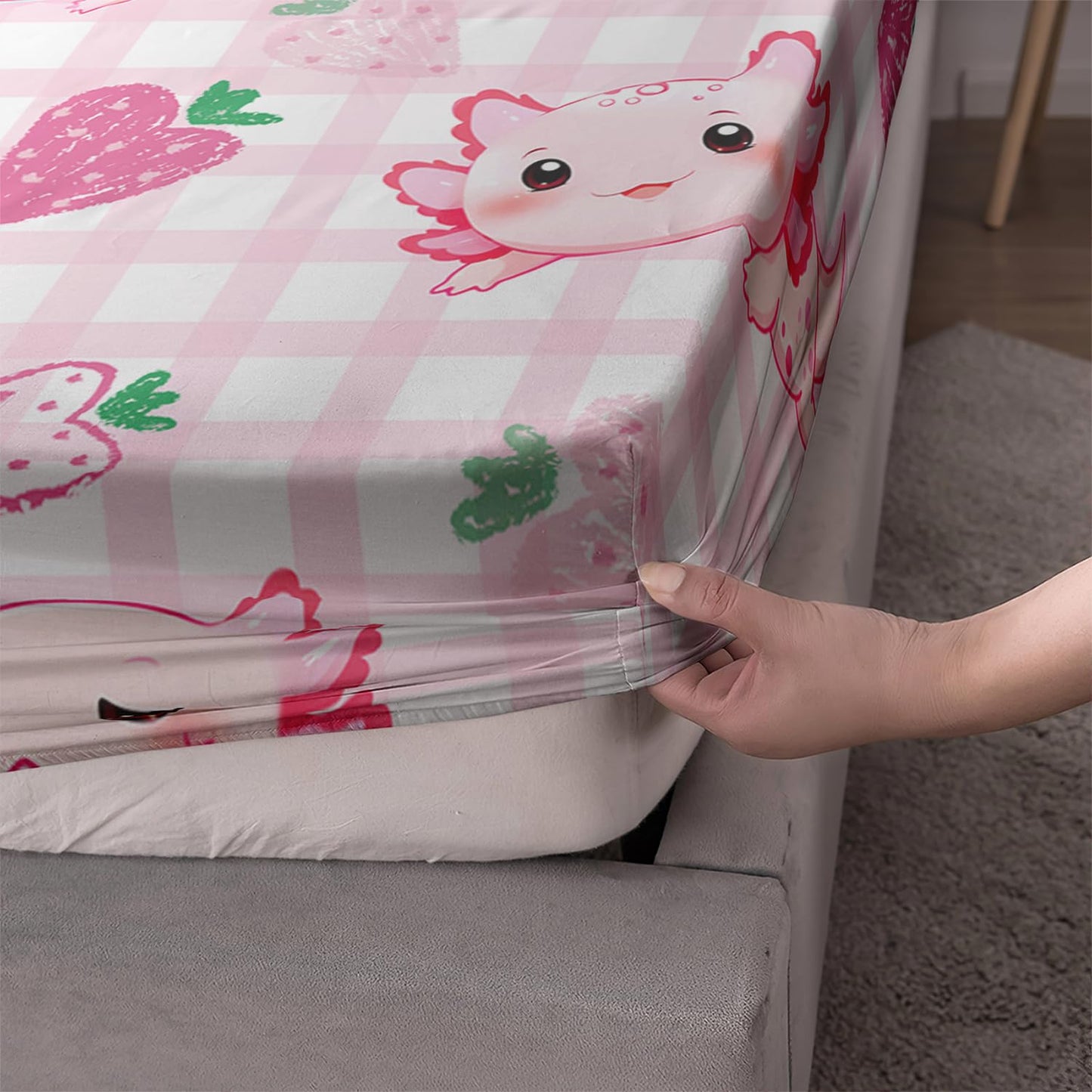 UEVBF Cute Axolotl Bedding Set Twin Size,Pink White Axolotl Strawberry Fitted Sheet for Kids Girls Toddler Aesthetics Room Decor,Beach Coastal Themed Bedding,1 Fitted Sheet+2 Pillowcases.