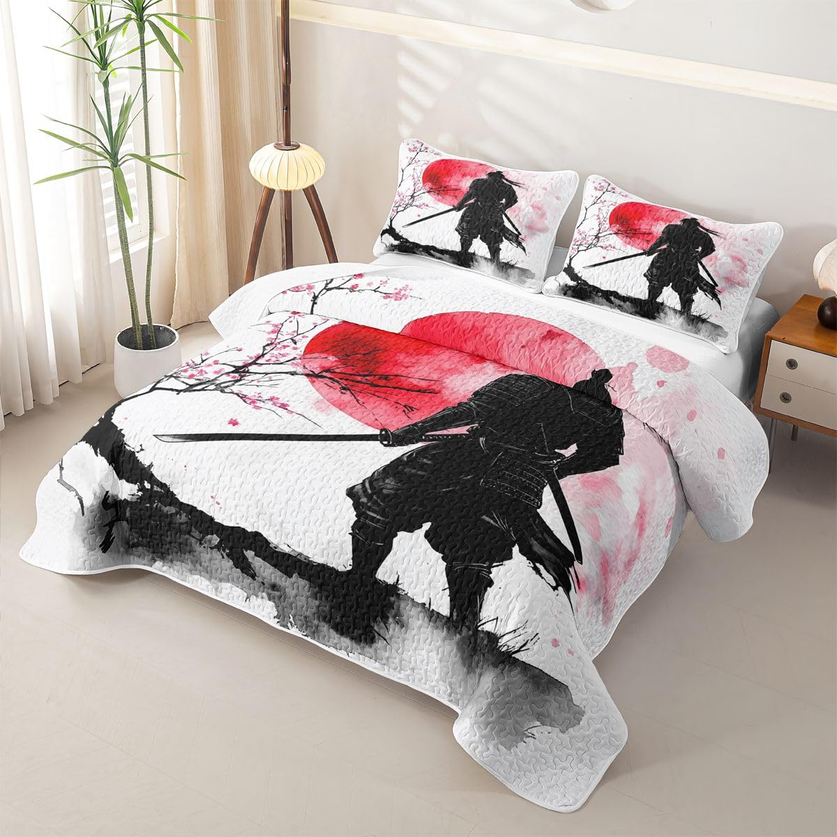 Erosebridal Japanese Samurai Quilt Twin Size - Sunset Bedspread Cherry Blossoms Bed Coverlet with 1 Pillowcase