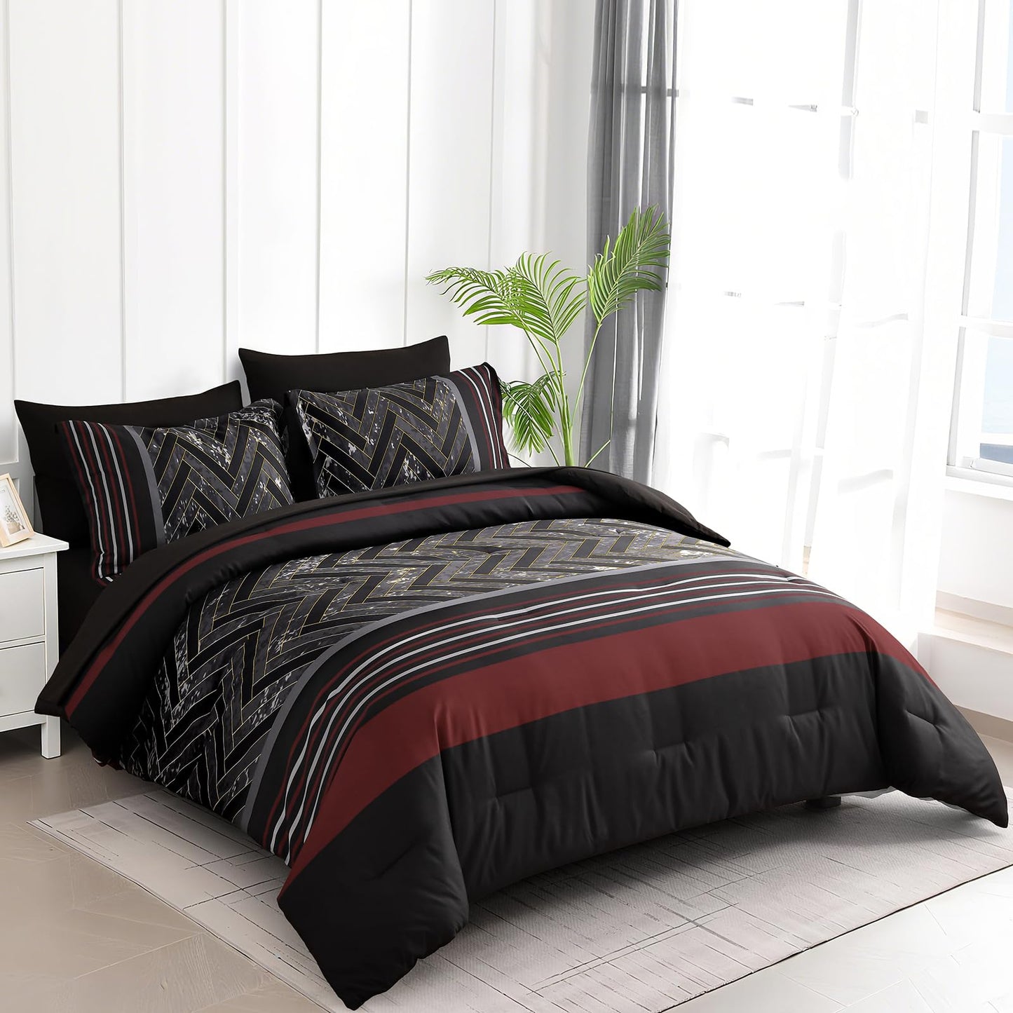 Luxudecor Black and Red Comforter Set Queen Size, 7 Pieces Stripe Geometric Bed in a Bag, Marble Comforter and Sheet Set, Soft Microfiber Complete Bedding Sets for All Seasons