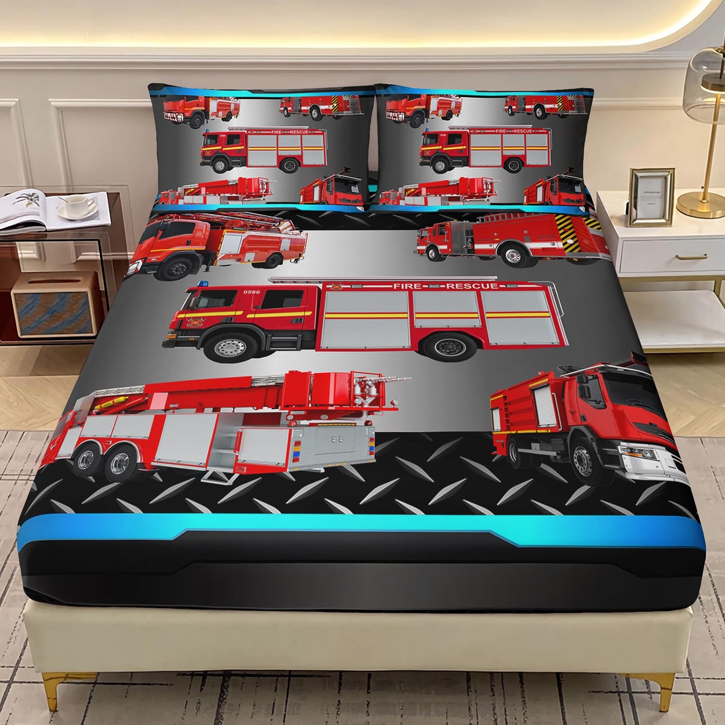 AILONEN Kids Fire Truck Fitted Sheet Set Twin Size, Red Fire Engine Bedding Set Perfect for Boys Bedroom,Firemen Car Vehicle Bed Sheet Set,3-Pieces,1 Fitted Sheet + 2 Pillowcases