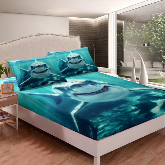 Feelyou Kids Shark Fitted Sheet Ocean Creature Bed Sheet Set Deep Pocket Sea Animal Bedding Baby/Boys Queen Size Includes 1 Sheets & 2 Pillowcases (No Flat Sheet)