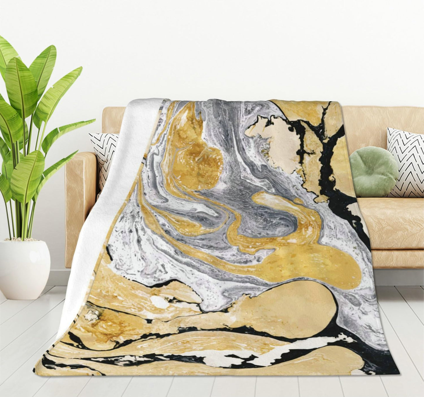 HGOD DESIGNS Gold Golden and Silver Marble Ink Abstract Painting Flannel Fleece Bed Blanket Throw Blanket Lightweight Cozy Plush Blanket for Bedroom Living Rooms Sofa Couch 40"x50"