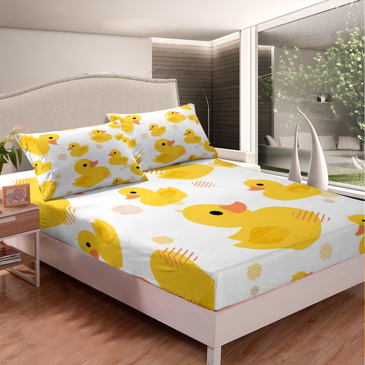 Erosebridal Cartoon Duck Sheets Set Kawaii Yellow Duck Bedding Set - Full Size Farmhouse Animal Fitted Sheet + Top Sheet + 2 Pillowcases