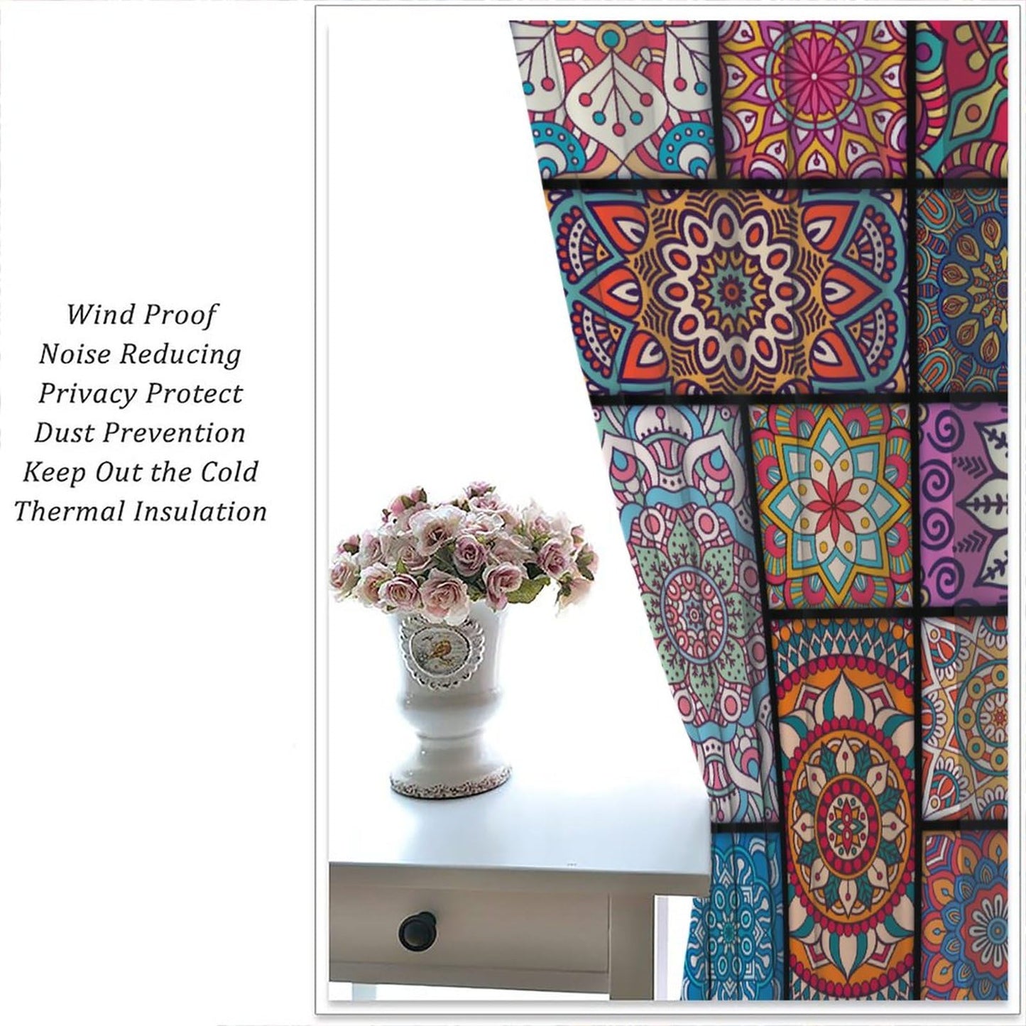 Boho Floral Blackout Curtains Abstract Bohemian Colorful Flower Theme Kitchen Art Deco Curtains Living Room Bedroom Apartment Insulation Noise Reduction Curtains 42x45 Inches 2 Panels (Pink)