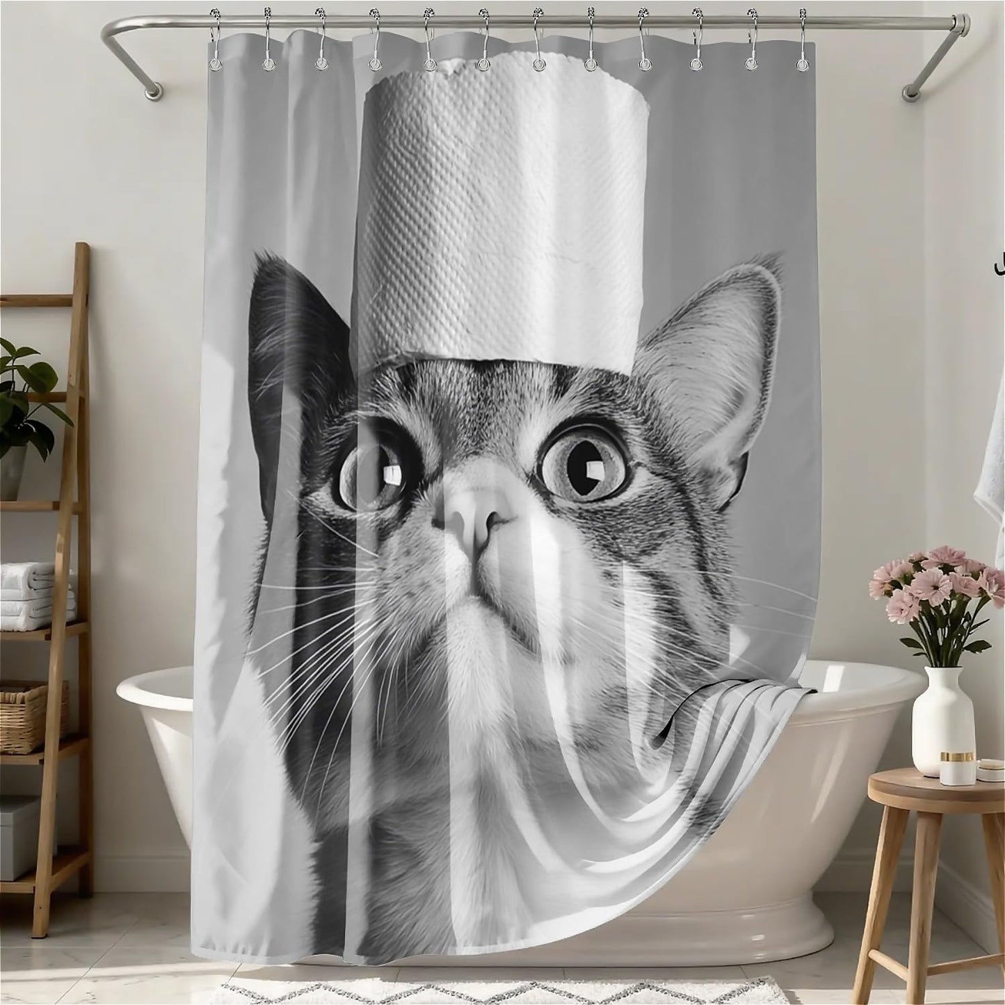 TANGXUNFA Cat-with-Toilet-Paper Shower Curtain for Bathroom, Water-Resistant Long Shower Curtain Set 72x72 Inch with Metal Grommets and 12 Metal Hooks