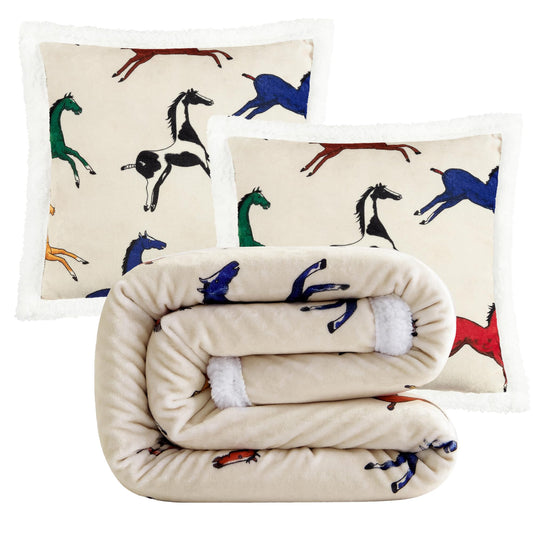 Paseo Road Indigo Hill by HiEnd Accents Wild Horse 3 Piece Sherpa Throw Blanket Set, Colorful Horses Animal Print Fleece Throw Set, Western Rustic Style, 1 Throw and 2 Pillows