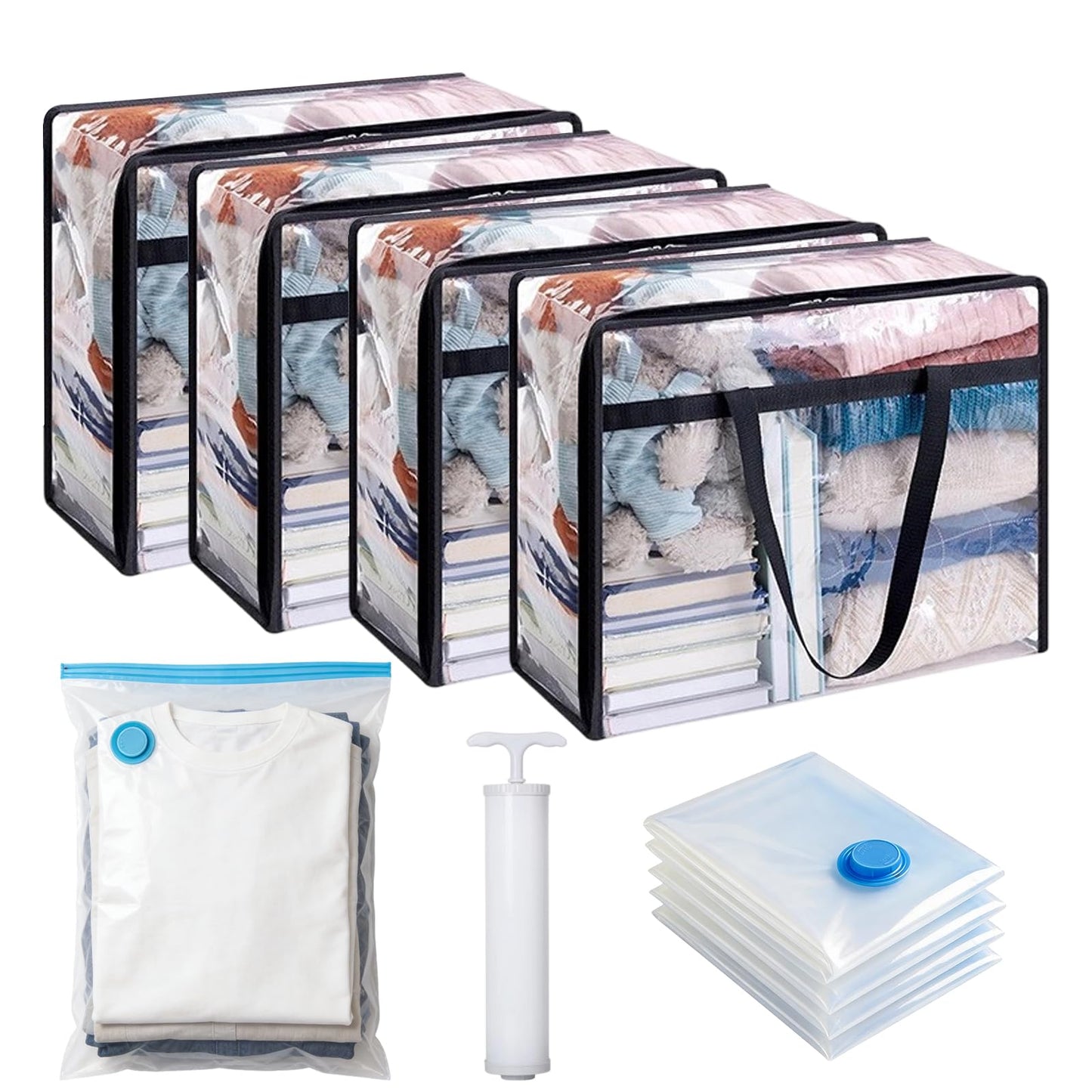 4 Pack Clear Blanket Storage Bags - 60L Plastic Clear Under Bed Storage Containers,Comforter Storage Bag with Lid & Sturdy Handles,Moving Bags,Clothing Organizer Totes for Bedding,Clothing,Comforters